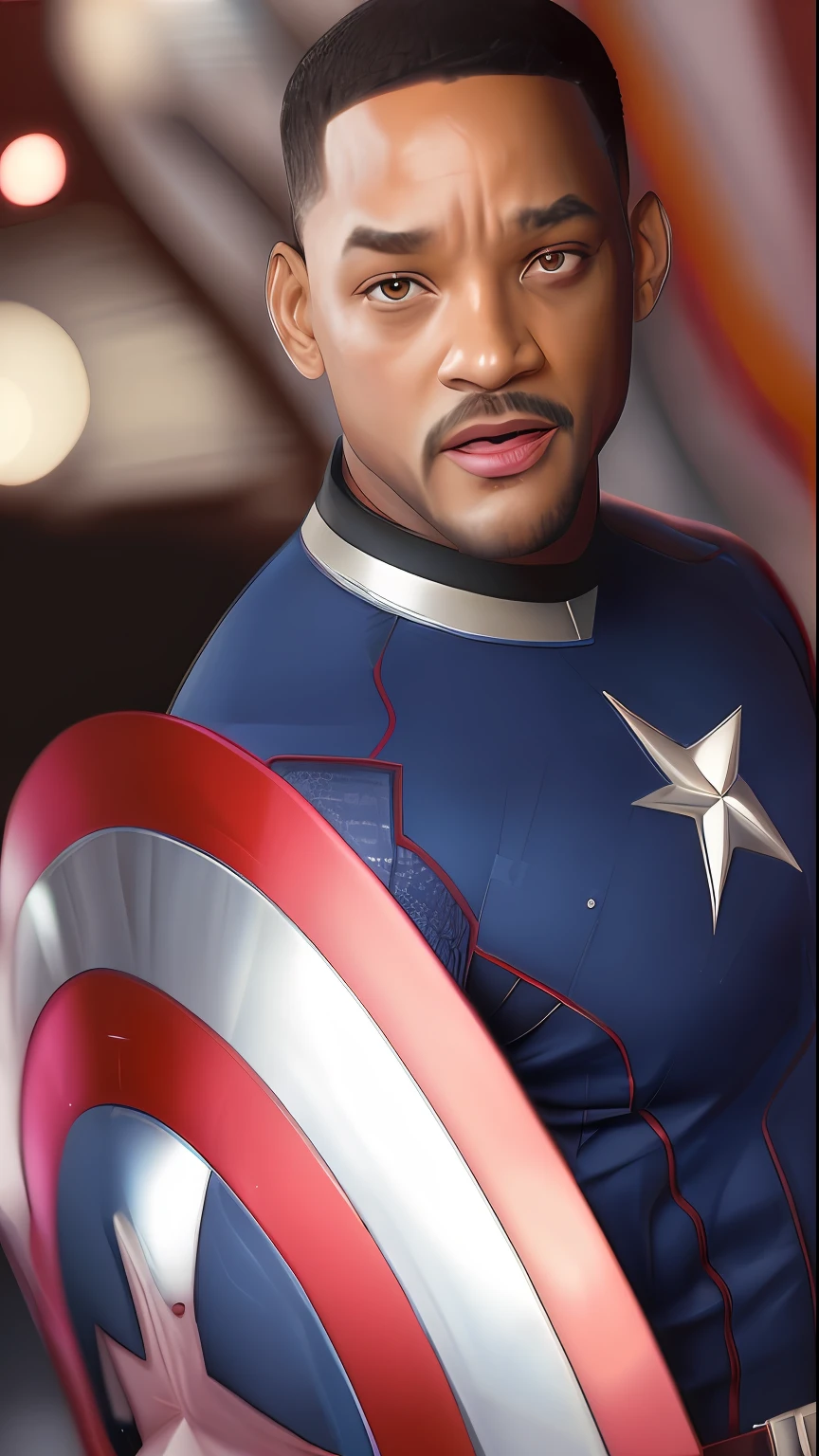 . . Tarantino style Will Smith as Captain America 8k, HD, face detail, face detail, eye detail, suit detail, Marvel and DC style, ultra-realistic, + cinema lens + dynamic composition, incredible detail, sharpening, detail + superb detail + night of lights + perfectionism + award-winning realism ((moody lights))