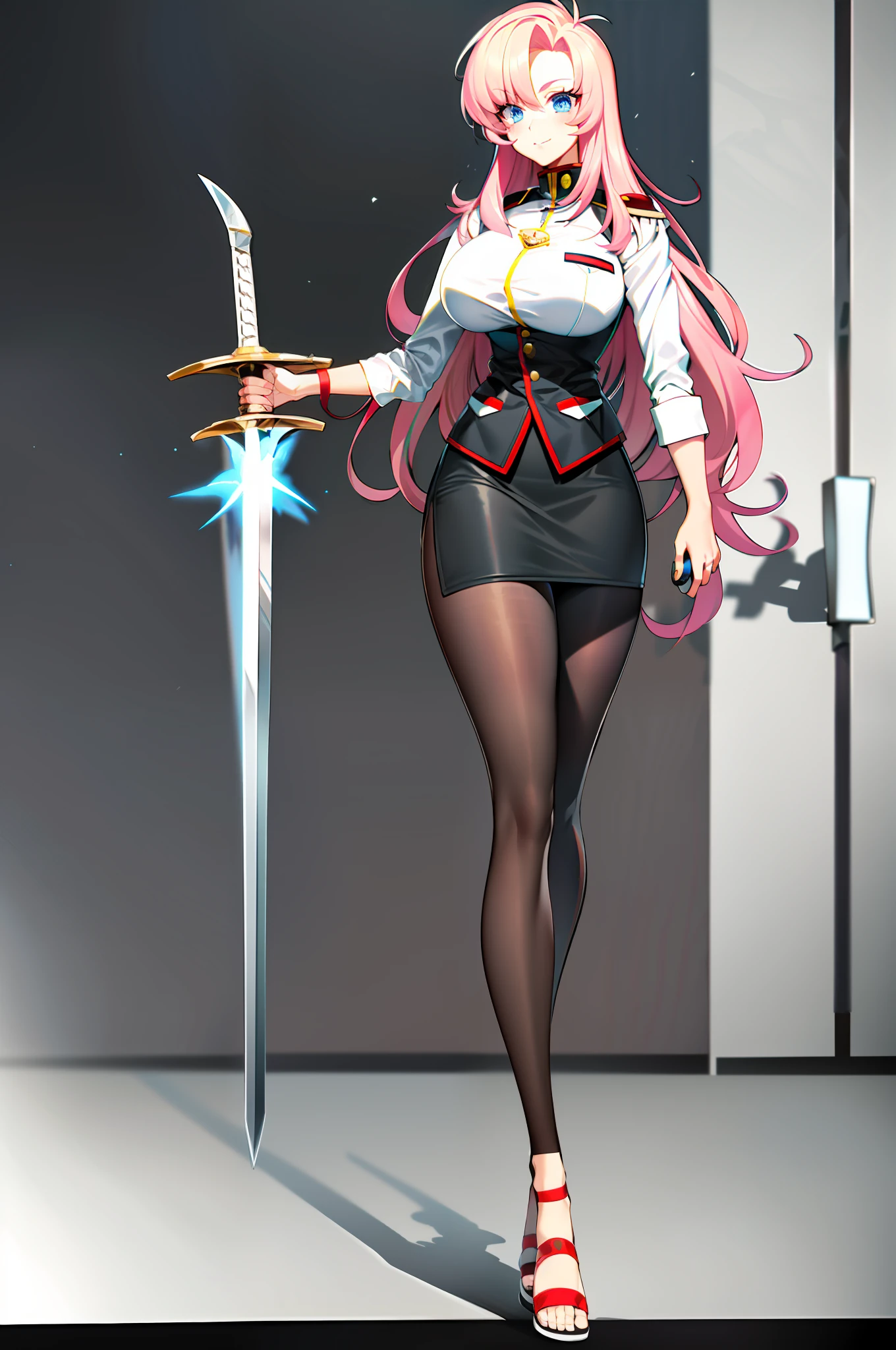 utena, , skirt, vest, noble, militari uniform, big breast, tall female, flip flops, full body, holding sword, pantyhose, , walking, pants,huge breast