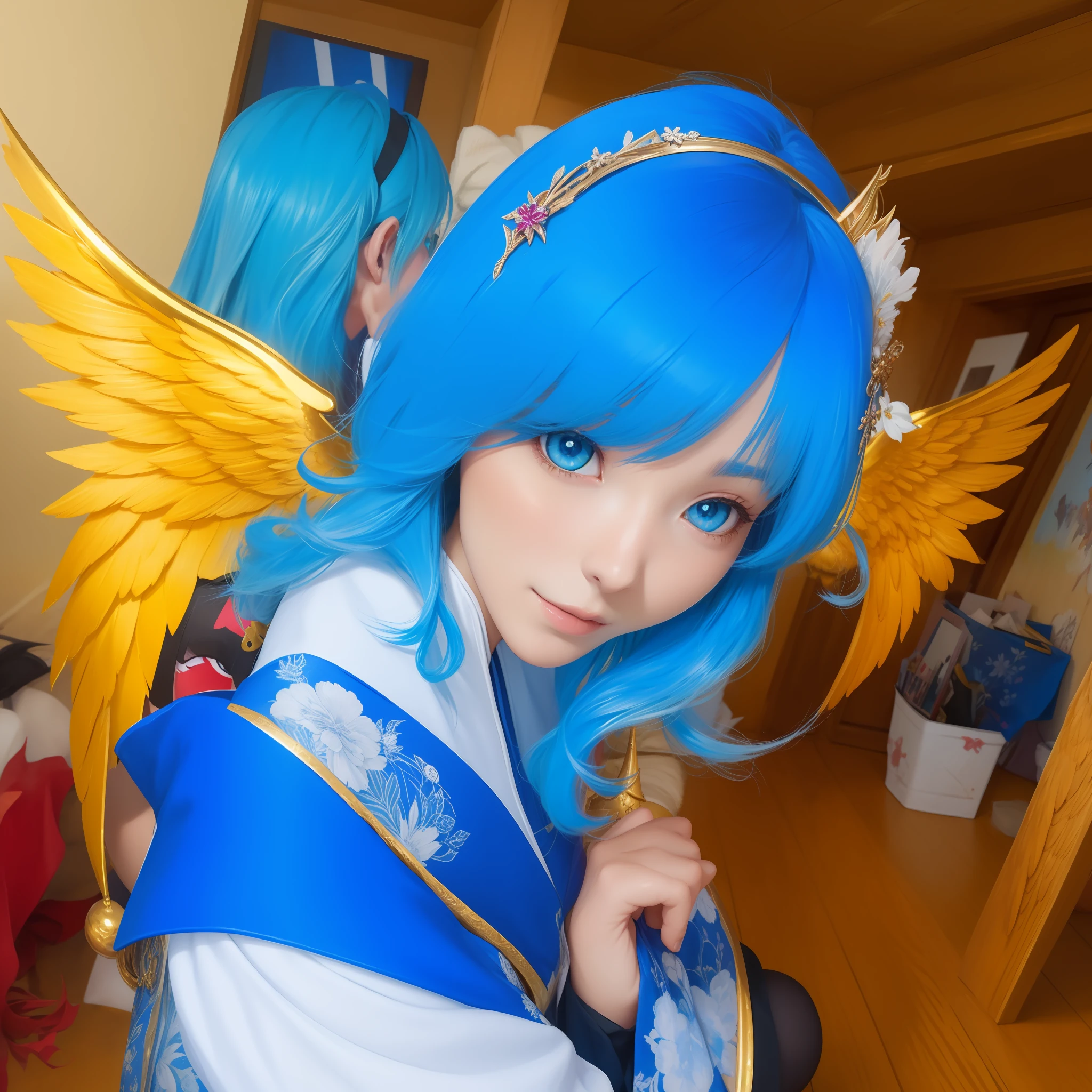 Anime - a stylistic image of a woman with blue hair and golden wings,Blue-haired god,onmyoji detailed art,detailed digital anime art,onmyoji portrait,digital art on pixiv,anime fantasy illustration,Guvitz on the Pixiv Art Station,Trends on the art station Pixiv,detailed anime art,Guvez on the ArtStation Pixiv