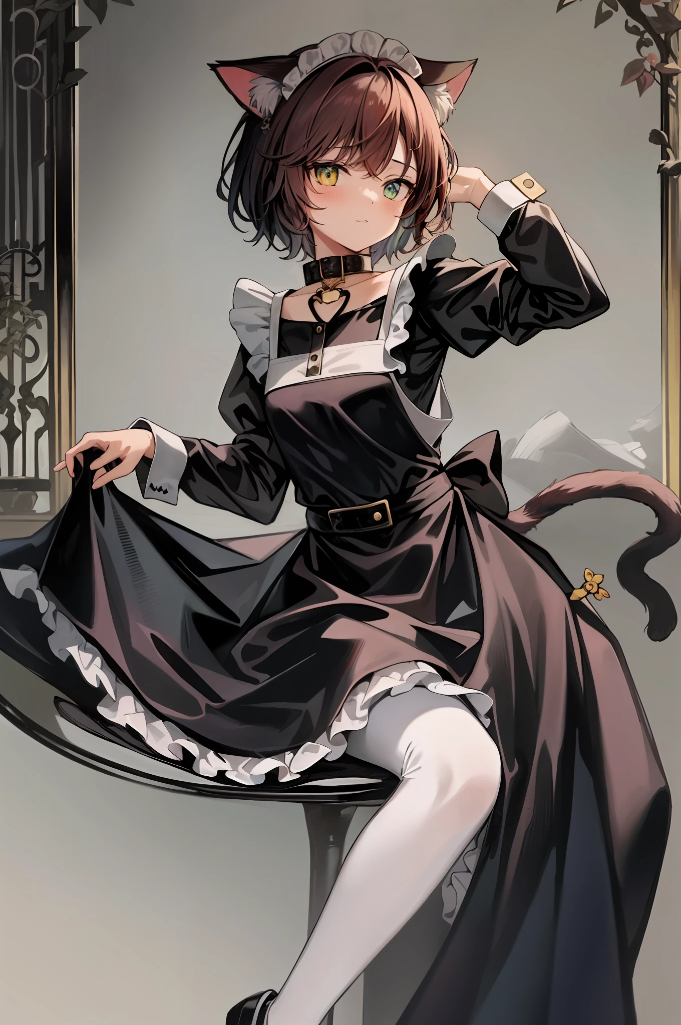 tarot cards,Cat-eared girl,the maid outfit,Collar,binding,is shy,blue hairs,Four ears,Two tail