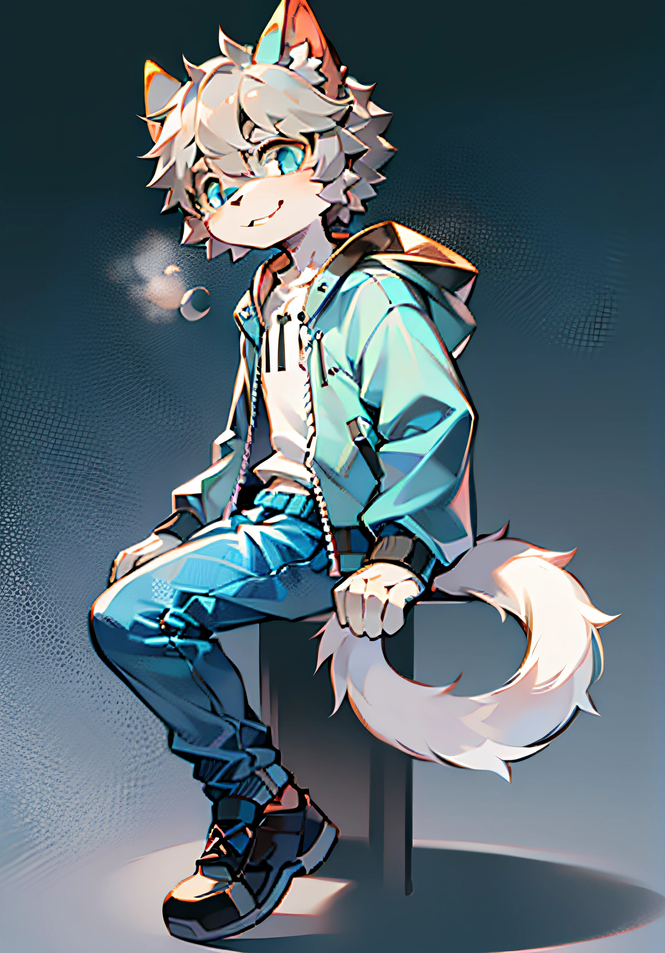 Bright eyes, character bust photo, Q version, avatar frame, character focus, solo, furry, furry male cat, male yellow-white fur, blue eyes, gray hair (long) loli style, little cute, will sell cute, wearing blue clothes and pants, has a tail