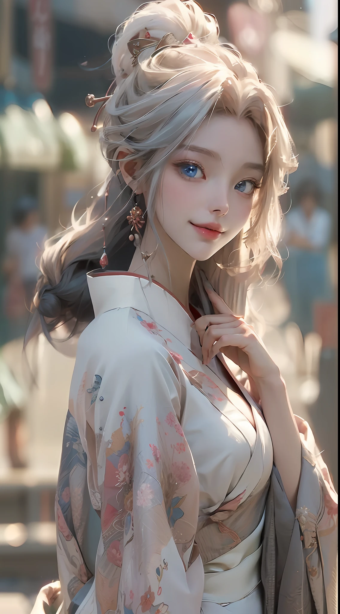 ((Best picture quality, 8K, tmasterpiece:1.3)), 1girll, Beautiful woman with slender abs:1.3, (Casual hairstyle:1.2), shift dresses:1.1, Ultra-fine face, A detailed eye, 二重まぶた，shylily，dynamicposes，ssmile，Anime girl with white hair and blue eyes holding a fan，Hanfu，Slip dress，Detailed digital anime art，Anime goddess，High detail official artwork，detailed anime art，portrait of a female anime hero，Eau