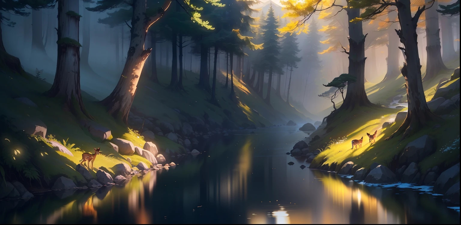 A mysterious forest in the mountains。Valley spring water。Two glowing fawns。Several water birds,The sun shines dazzling among the leaves。