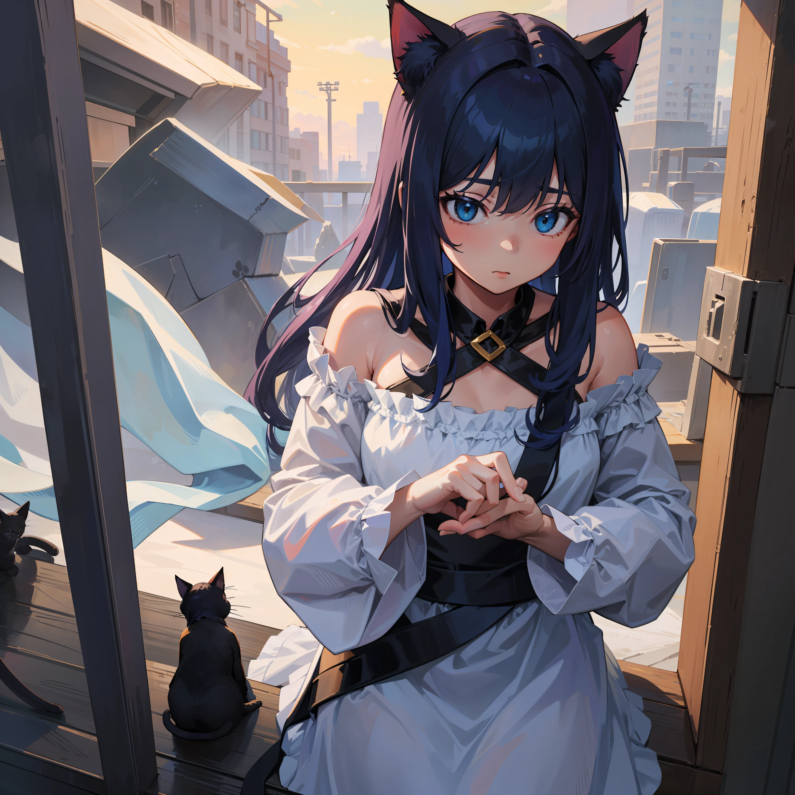 Four cat ears,littlegirl,shylily,head bowed,Long dark blue hair