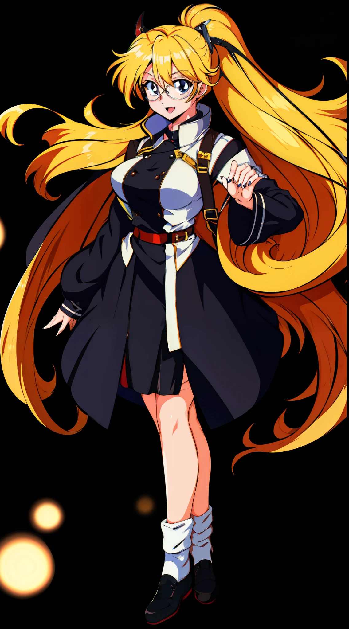 Big Tits. Anime Girls. Anime-style eyes. Setting picture. Perfect pupil. Solo. Highest Quality, Full body, It features a simple_Background,girl, Woman, Female, Young,20 years old, Long hair, flipped hair, Bangs, Blonde hair, messy long hair, emotionless eyes, tusk, Glasses,  Black eyes、Smile with open mouth、azur lane、Unkempt hair、