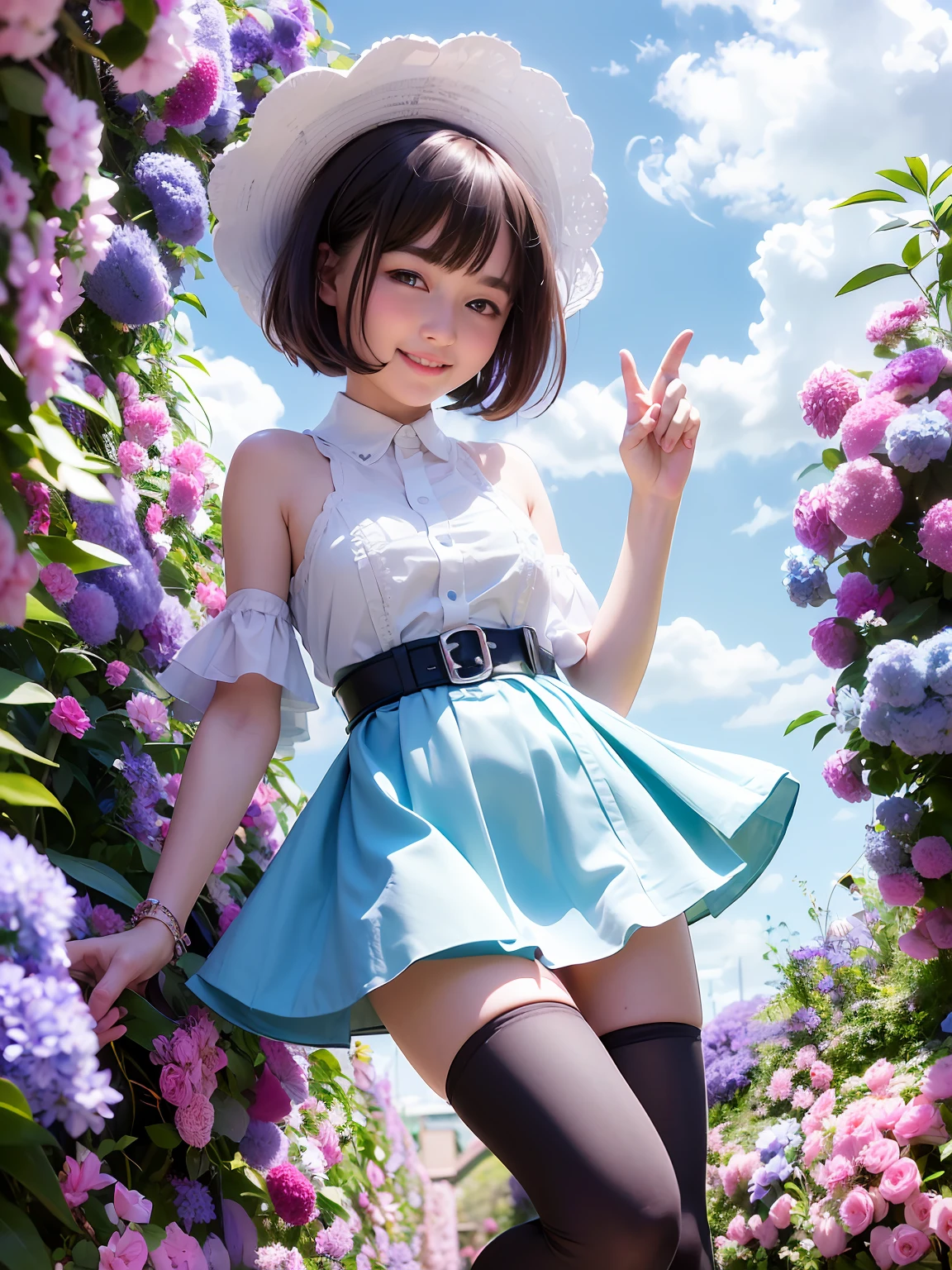 (dynamicposes:1.4), (dynamic ungle:1.4), Romper (细致背景:1.4)、hyper detailed background、(Floating light blue clouds:1.4)、(Floating blue flowers:1.4)、 Romper (perfect anatomia、perfect hand:1.4)、(Perfect five fingers:1.4)、(Perfect 4 long fingers and perfect short thumb:1.4)、(Thumb shorter than the other 4 fingers:1.4)、(Perfect two arms:1.4)、(Perfect two legs:1.4)、((top-quality、8K、masterpiece:1.3))、1girl in、A smile、full body Esbian、Slim Faces、Pretty women、(dark brown hair)、hyperdetailed face、A detailed eye、二重まぶた、blured background、Slim Faces、Cute、extremely delicate and beautiful girl、Happy smiling face、Overall、ultra-detailliert、4K、masutepiece、small mouth、Colossal tits、bura、Underpants、a short skirt,high waist skirt,high-necked,Sleeveless,bob cuts,long boots,ultra-detailliert, 4K, masutepiece,Smile,small mouth,white shirt、Skirts that show the body line、low angles