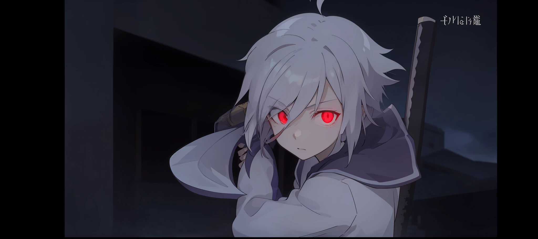 The white-haired girl was holding a katana in front of the Night Tower at the moment, with red glowing eyes, animated still, red eyes glowing,screenshot from the anime film,On his back is a scabbard on his back,Itomi Sayaka,Full of killing intent