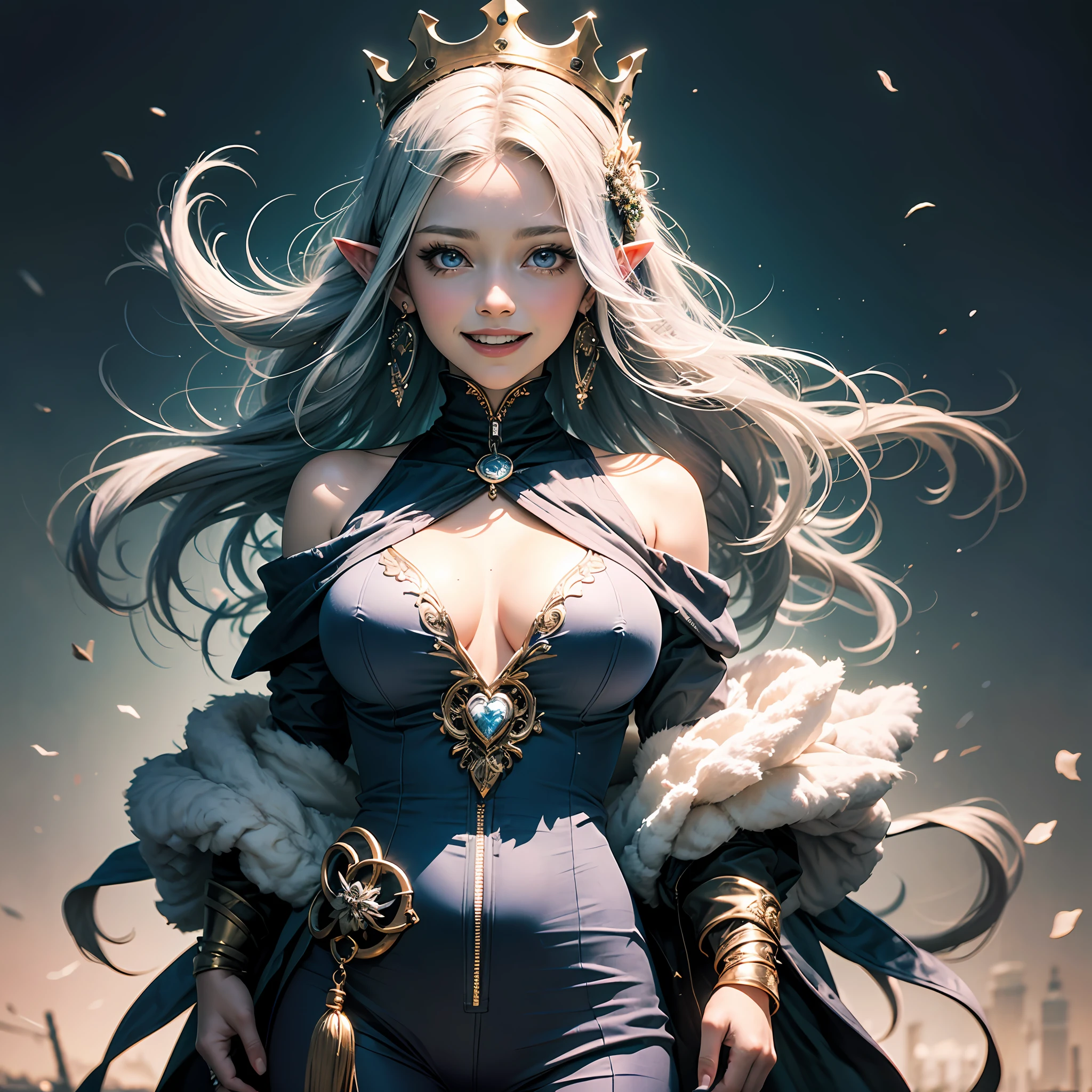 Best quality at best,highly detailed,tmasterpiece,ultra - detailed,(fidelity:1.2),1个Giant Breast Girl,(white backgrounid),simple backgound,Elaborate Eyes,Silvery hair,a purple eye,hair_ornament,(white offshoulder shirt:1.3),Long hair,pointy ears,crown braid,happy laughing,hair straight,onesie(++Stand up:1.2) --auto
