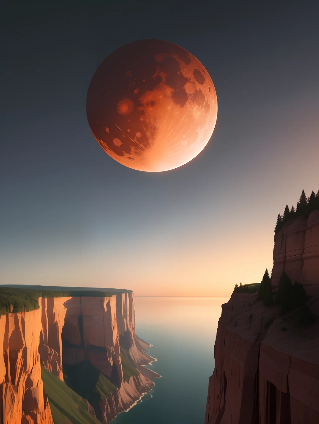 A cliff close to a right angle,A particularly round red moon,misterious,The gray sky is pure and cloudless,The picture is color-clean,8K HD realism, --auto