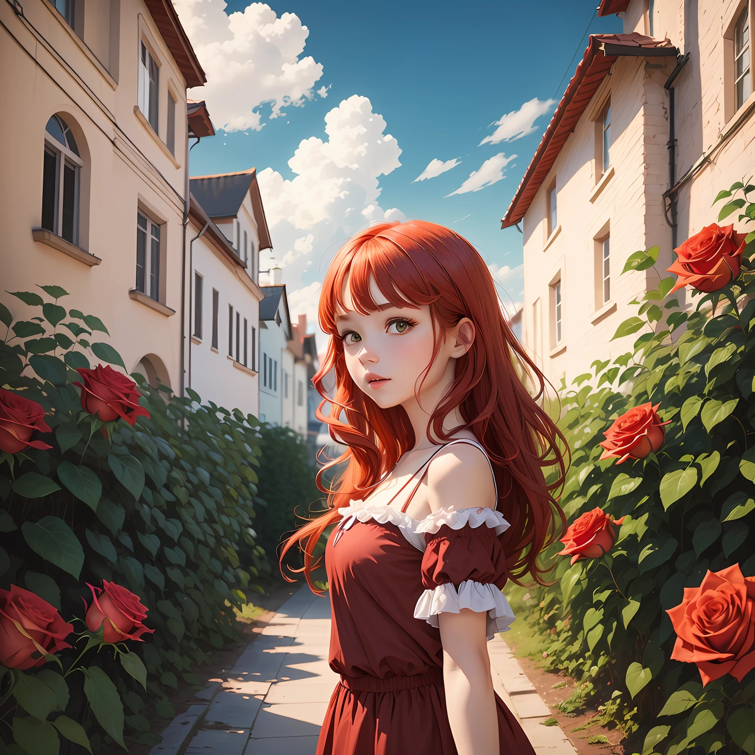 Green eyes, red hair, Lolita long hair, flowers, beauty, scenery, doomsday --auto