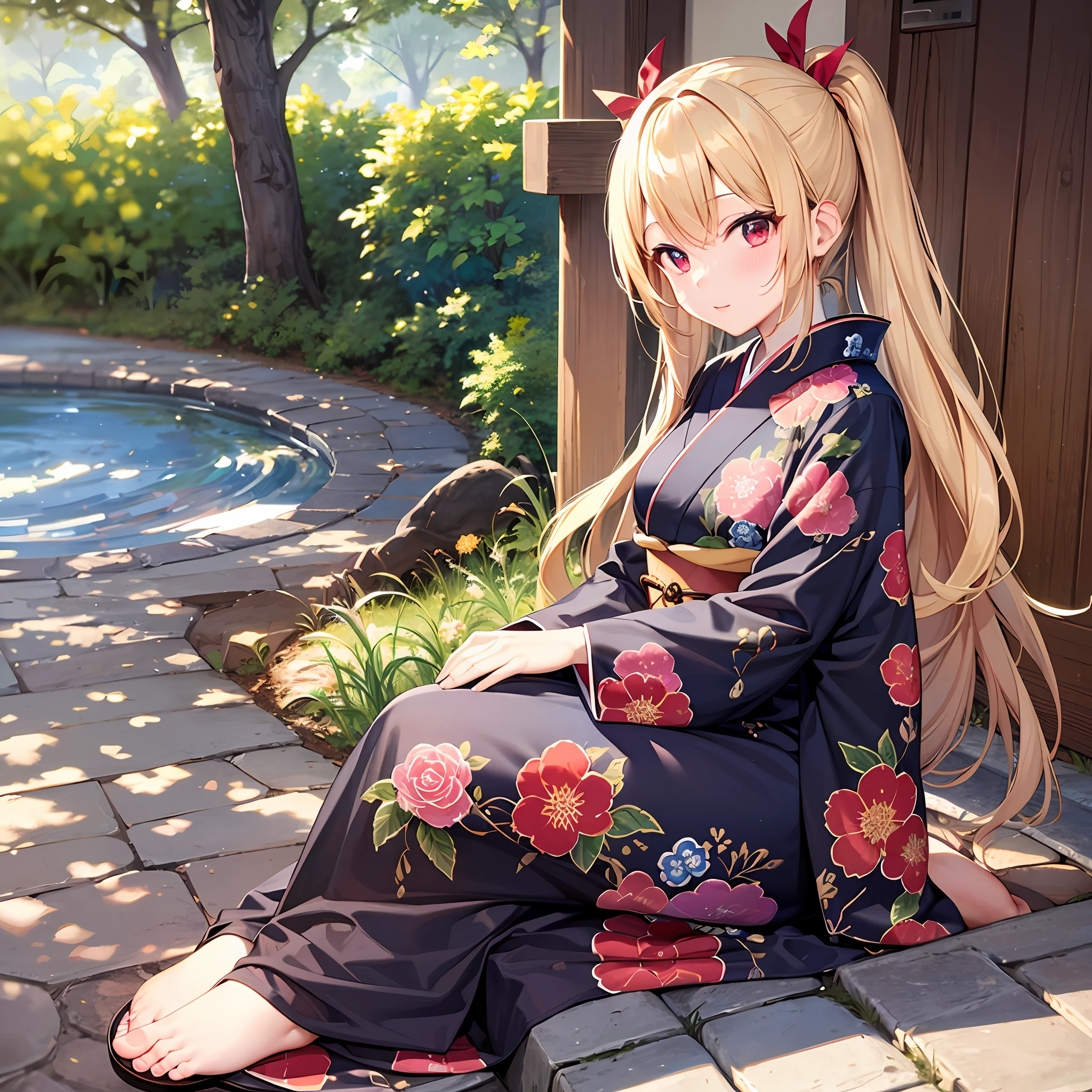 One blonde girl、red eyes、kimono、Beautiful feet