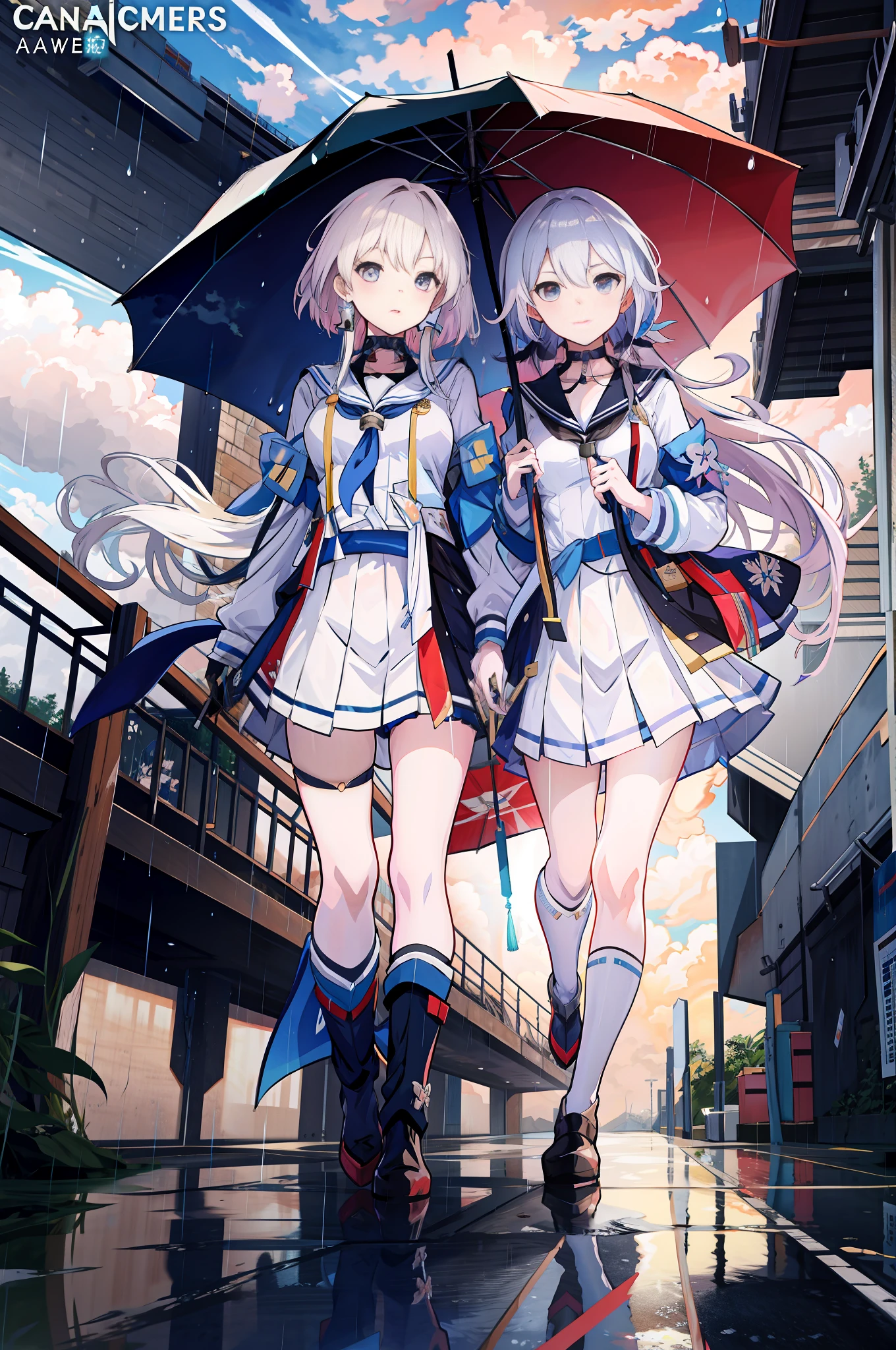 Anime characters holding umbrellas in the sky in school uniforms, Kantai collection style, Best anime 4k konachan wallpaper, A scene from the《azur lane》videogame, lollipop, after rain and no girls, Official artwork, azur lane style, Rained!, Pisif, Pisif style, light novel cover art, two beautiful anime girls, Anime style illustration