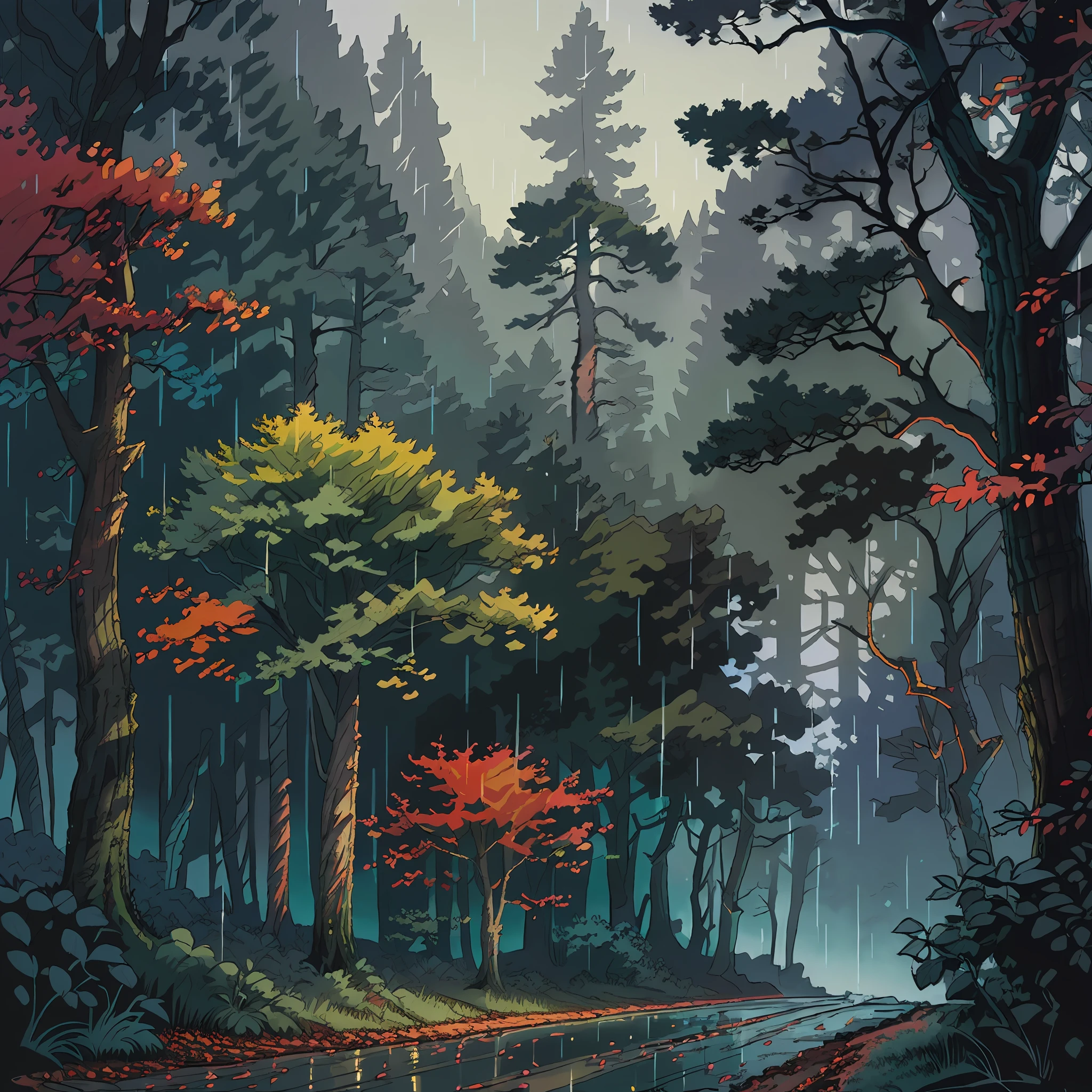 a detailed matte  painting of an autumnal forest  in the Carboniferous, raining by evgeny lushpin,   jim burns and greg rutkowski, realistic concept art , complementary colors,  8k resolution, trending on artstation,   wide-angle lens