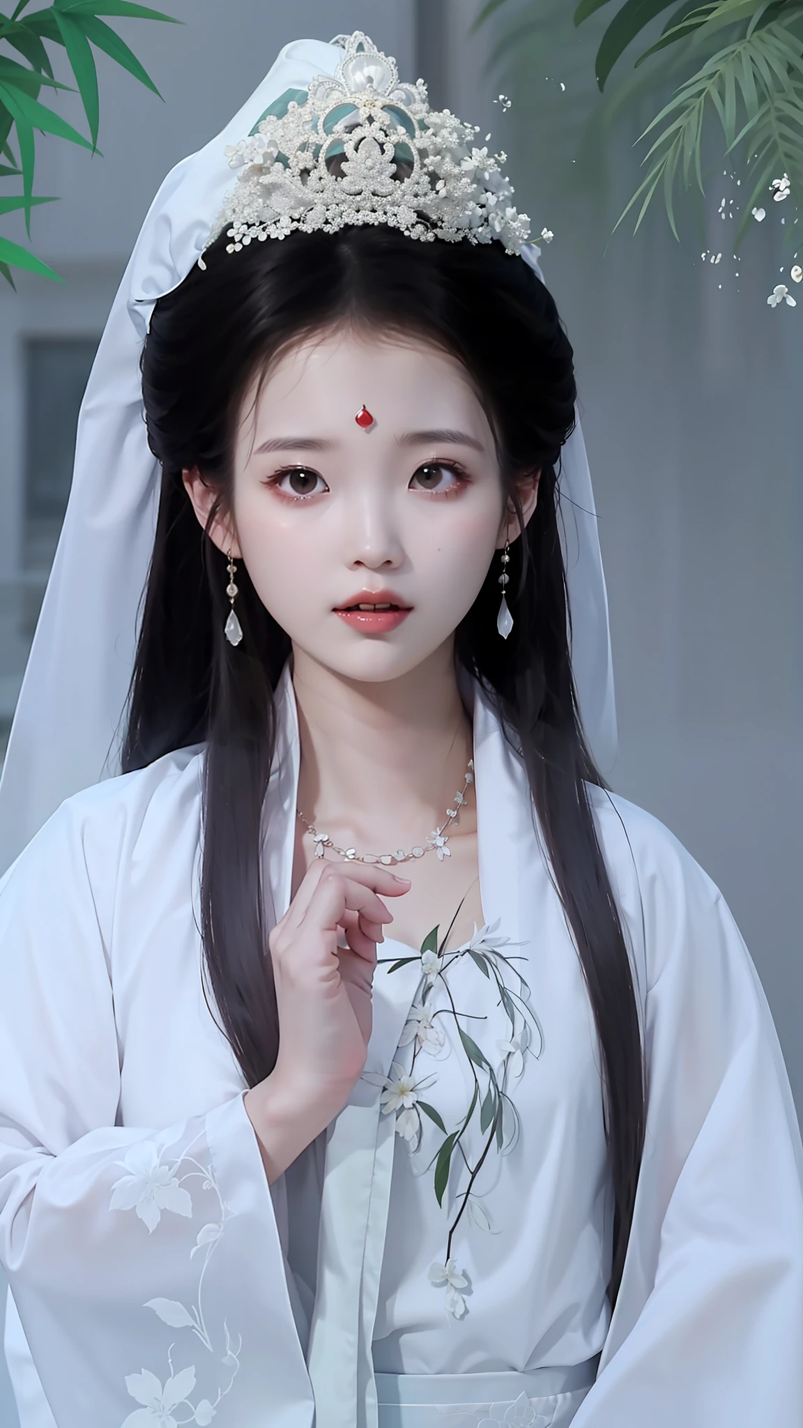 a close up of a woman with a white dress and a tiable, Palace , A girl in Hanfu, ancient chinese beauti, Princesa chinesa antiga, China Princess, Traditional beauty, Chinese girl, Chinese woman, White Hanfu, ruan jia beautiful!, inspired by Zhang Yan, Inspired by Qiu Ying, Chinese style, Chinese traditional, inspired by Zhang Yin