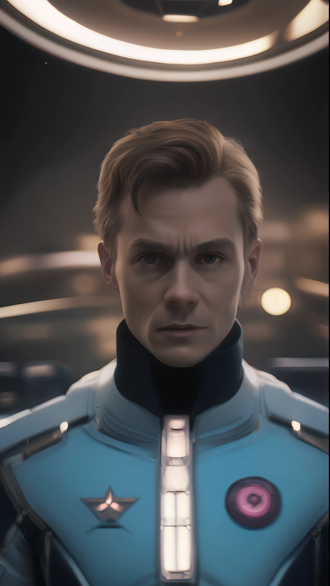 .In the spaceship sits in HD，detail in face，detail in face，eye detailed，Suit details，Marvel and DC style，Ultra photo realsisim，+ Cinema lenses + dynamic compositions，incredibly detailed，Sharpen，the detail +superbly fine details+Night of lights+perfectionism+award winning realism（（moody light））