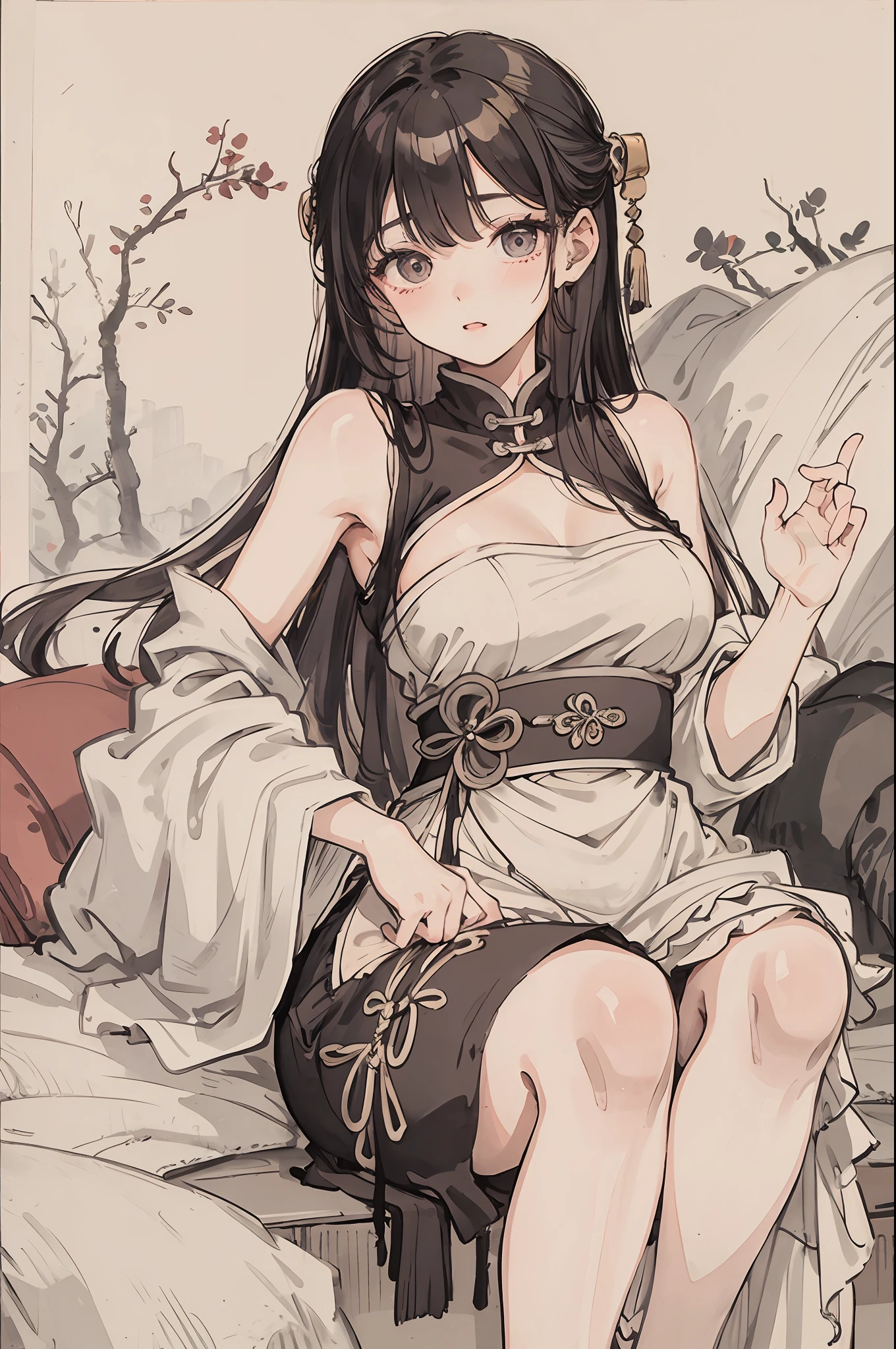 (masterpiece, best quality: 1.2), traditional Chinese ink painting, A cute 18 year old female with medium breasts, Oversized dress :1.2, Couch, Ultra-detailed face, Detailed eyes, Double eyelid, sfw , long dress