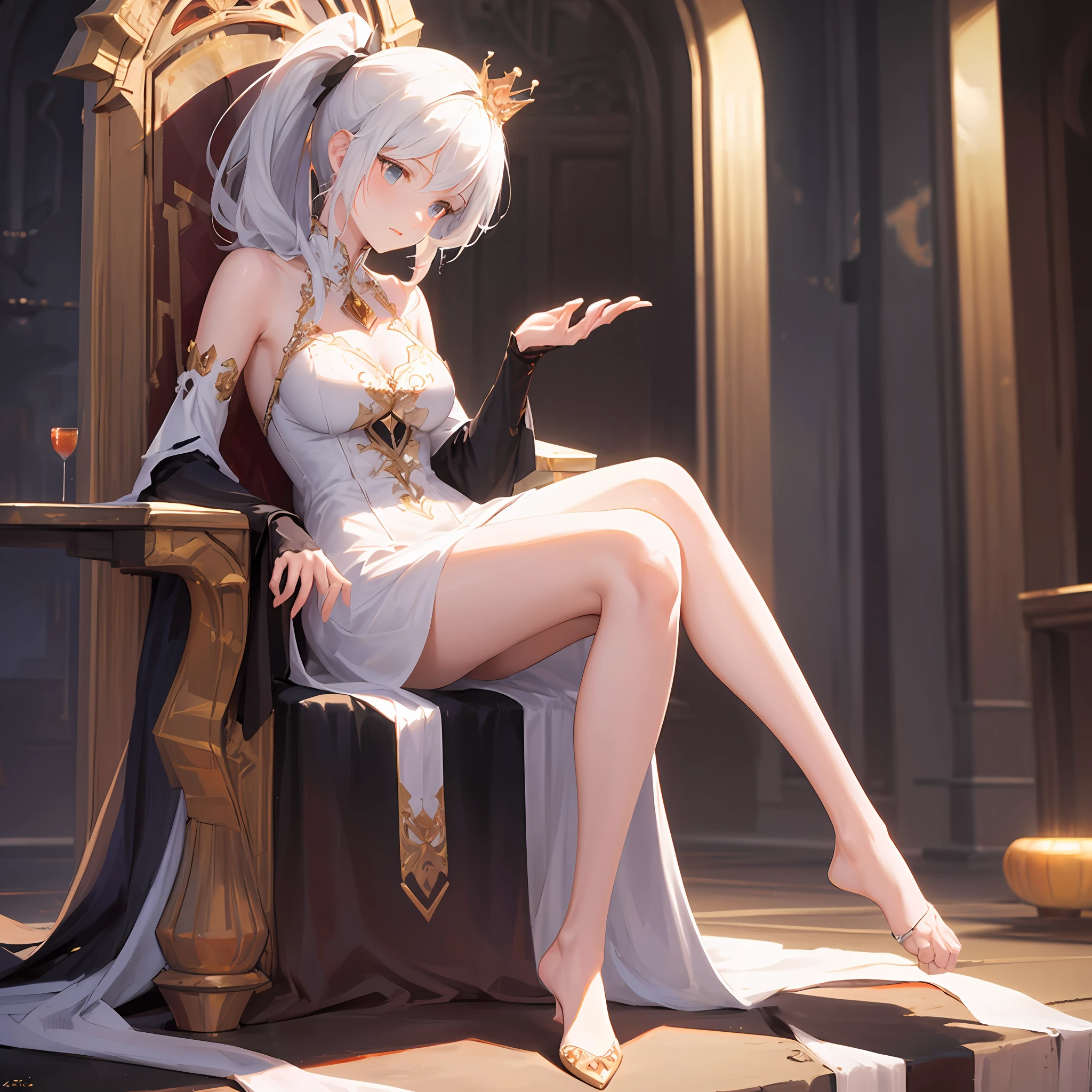 Anime - stylistic image of a woman sitting on a crown throne, a beautiful fantasy empress, Anime goddess, on her throne, ((a beautiful fantasy empress)), sitting on her throne, Look down on the creeping slaves，trending on cgstation, Attractive anime stunners, 2. 5 D CGI anime fantasy artwork, beautiful and seductive anime woman, royal elegant pose, Her Majesty the white-haired ponytailed mysterious empress