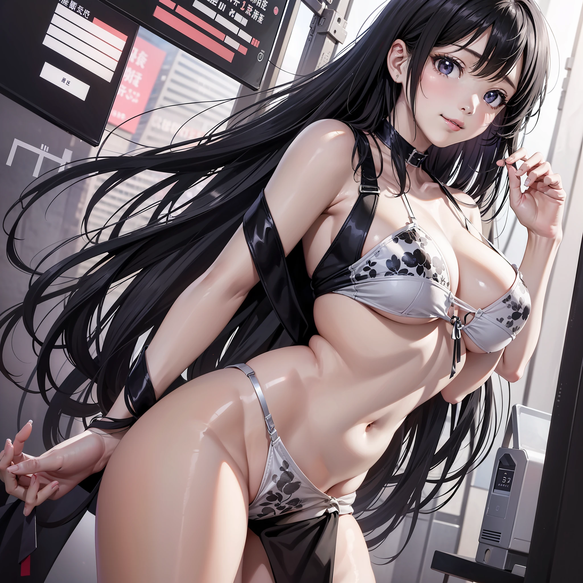 ((tmasterpiece))、hdd、top-quality、ultra - detailed、A high resolution、Harajuku、A naked sexy girl、huge boob，No clothes，A slight smil、Big high school girl、long whitr hair、Striking black hair and gray eyes、Bright city lights、Wrapped in mystery。