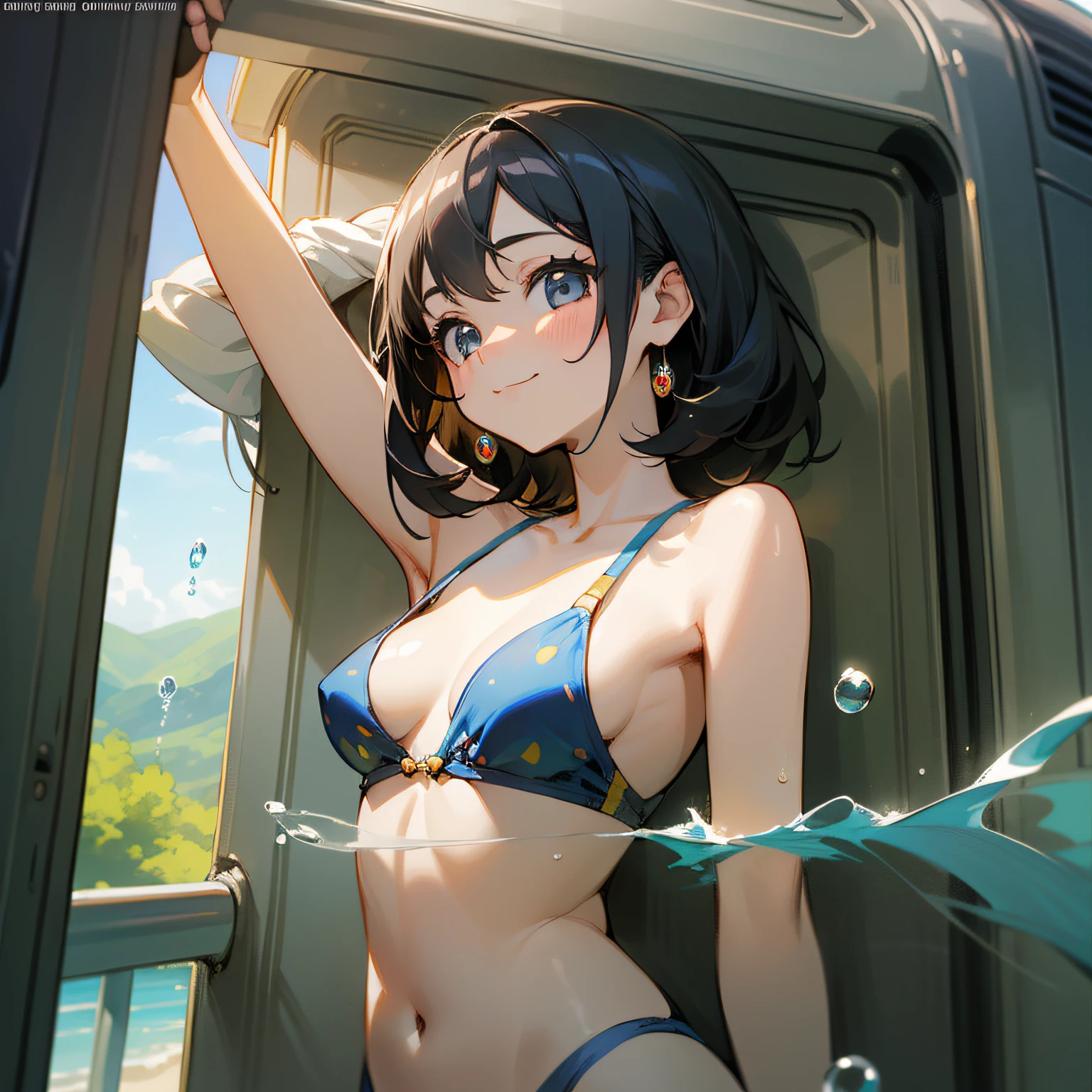 (Master masterpiece、top-quality、top-quality、Official art、Beautiful and aesthetic:1.2),train,Girl in a swimsuit, Summer, Water droplets,细致背景、Nature、Arm up、Smiles、cute little、Mysterious、mysterious background、chee、Shy face、small tits、A slender