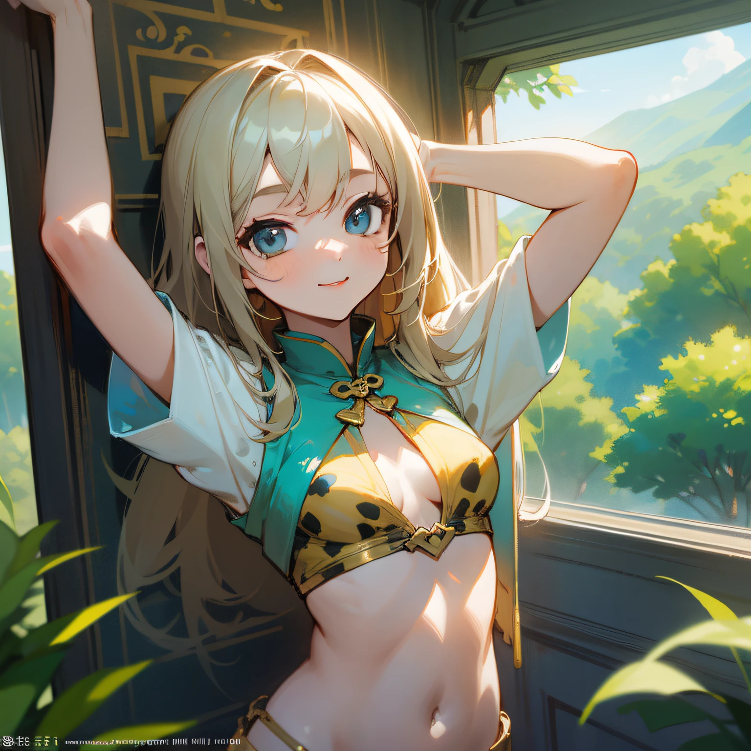 (Master masterpiece、top-quality、top-quality、Official art、Beautiful and aesthetic:1.2),Train,s girl, Summer, 细致背景、Nature、Arm up、Smiles、cute little、Mysterious、mysterious background、chee、Shy face、small tits、A slender