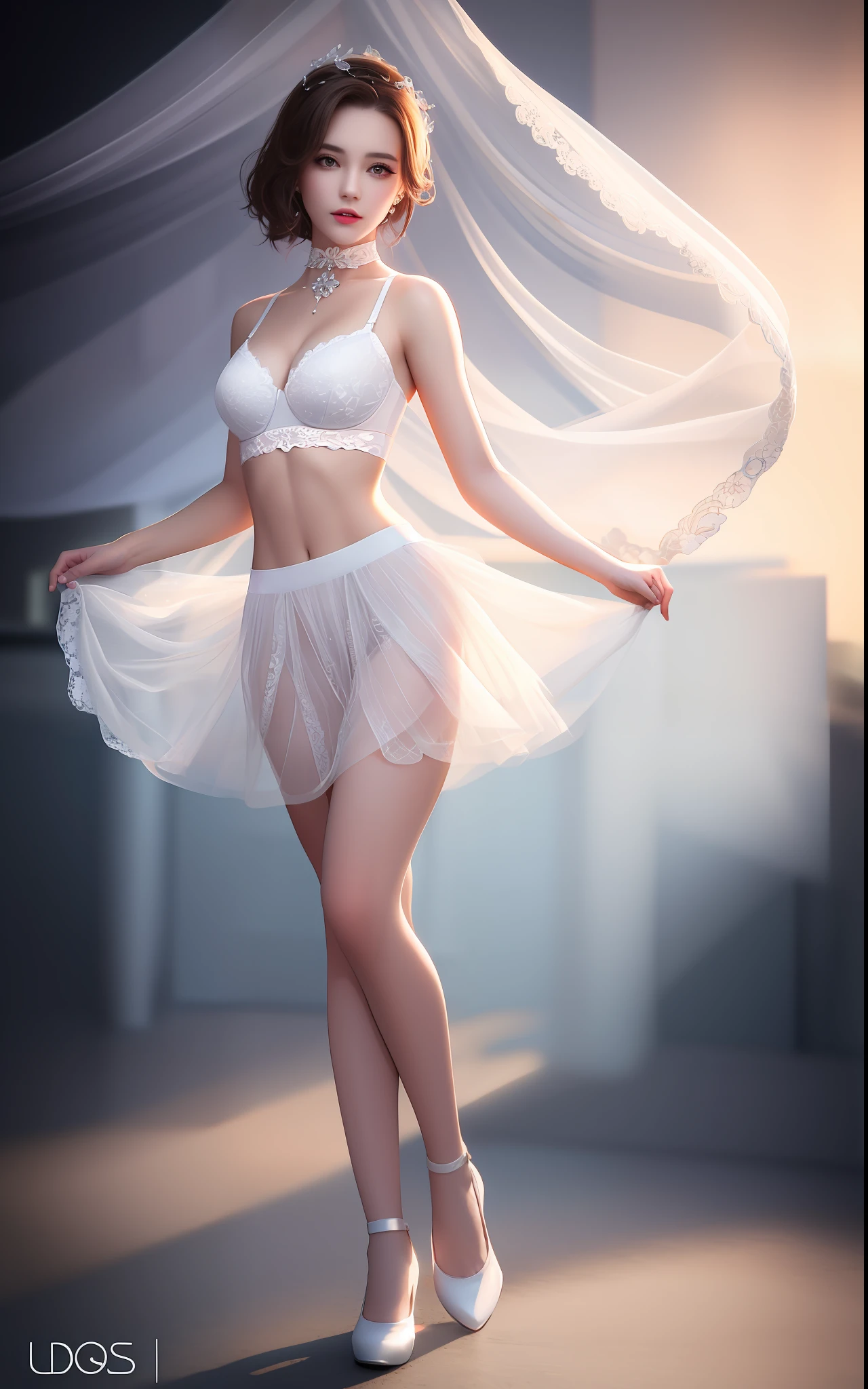 best qualtiy,tmasterpiece,A high resolution,1girl,Full body like,frontage,Tulle skirt,Transparent skirt,White lace bra,white stockings,White lace panties,hair adornments,choker necklace,jewely,beautiful face,Physically,dingdall effect,realisticlying,edge lit,twotonelighting,(highdetailskin:1.2),8k uhd, dslr, softlighting, high high quality, volumettic light, photore, A high resolution, 4k, 8k, Background bokeh,