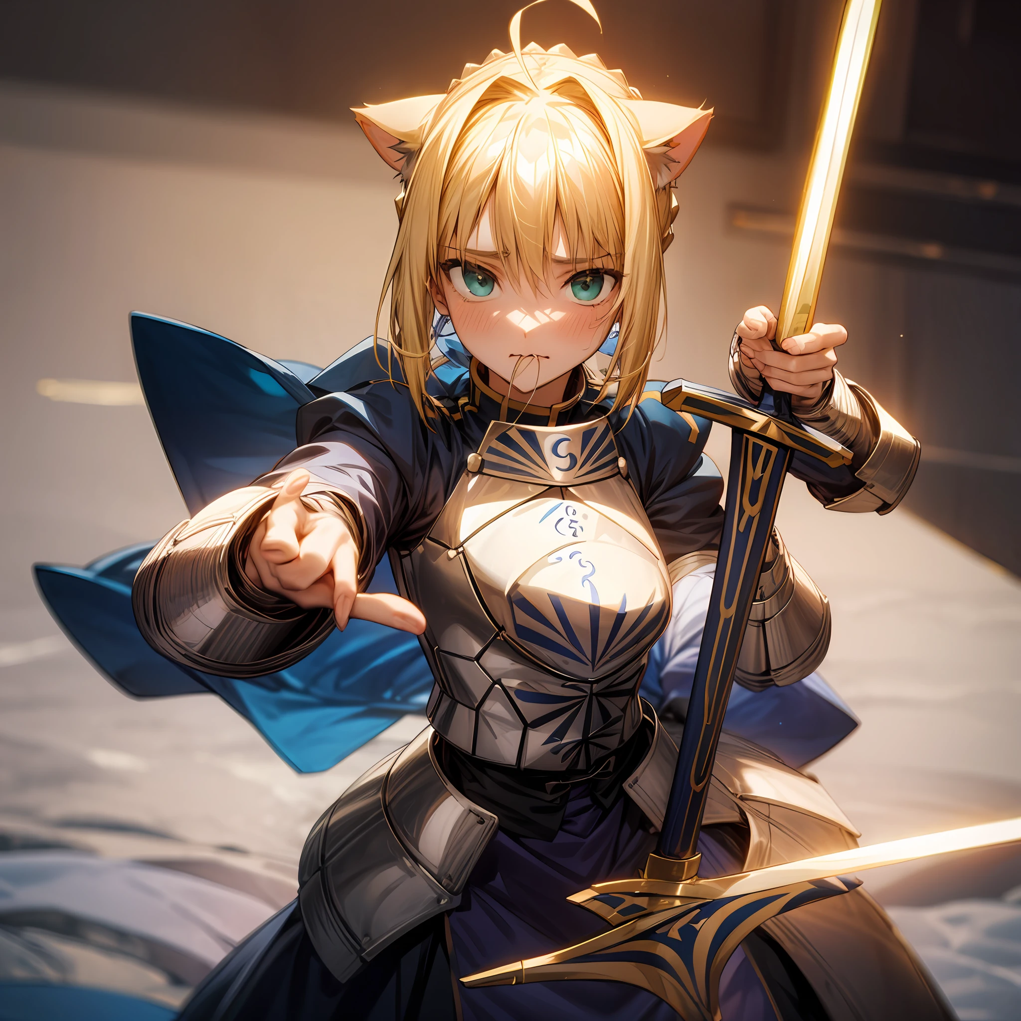 （tmasterpiece：1.4）, （best qualtiy：1.4）, 1girll, artoria pendragon \（destiny\）, armour, （Excalibur \（destiny/Stay overnight\）, The sword, clutching a sword：1.1, cat ears, mouth hold, tearing up, heart in eye, moaning, yandere, anime, anime style --auto