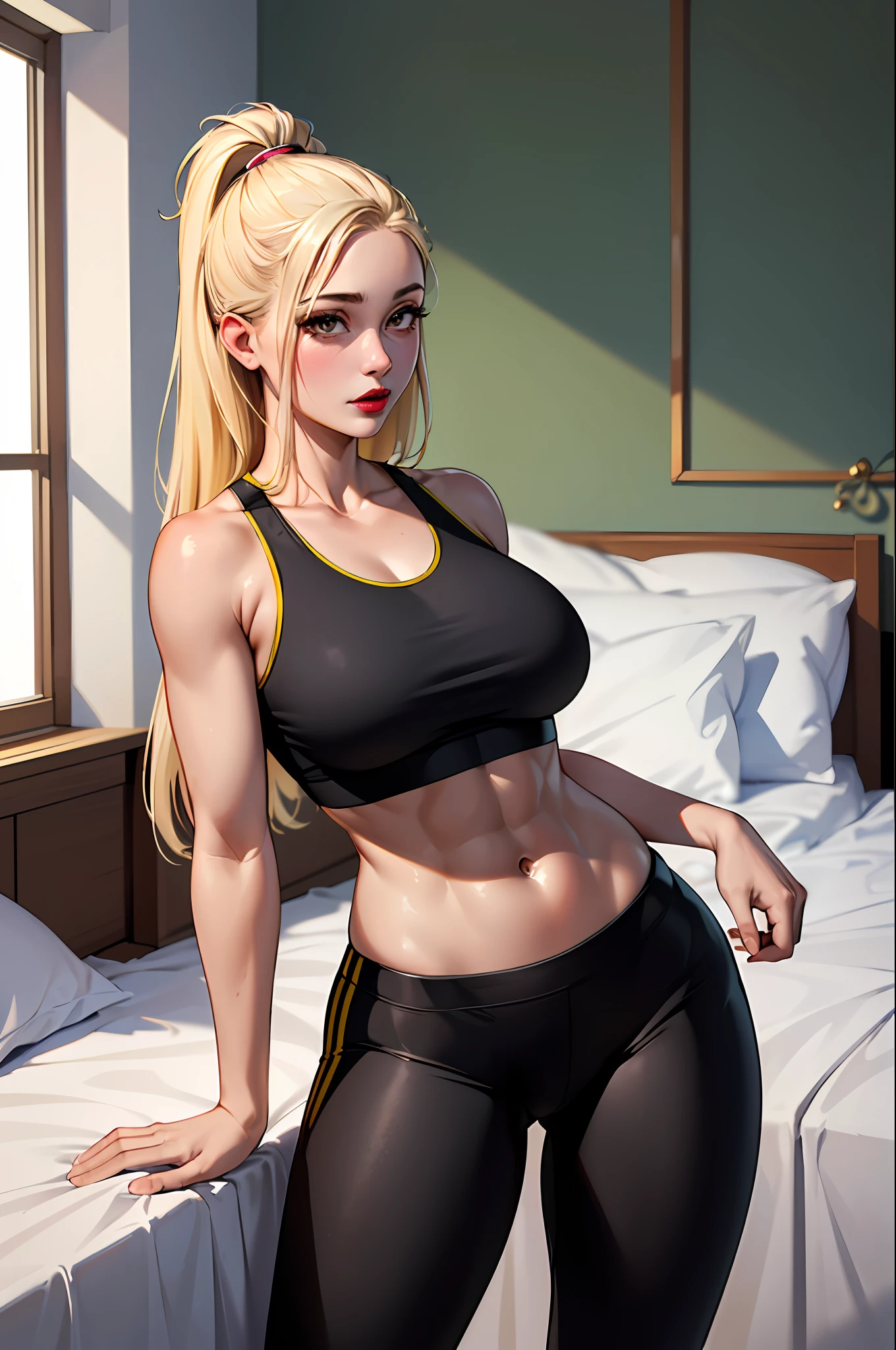 (​masterpiece:1.4)、(top-quality:1.4)、
1girl in, Sexy sports bra and sports leggings、a blond、Split abs、large full breasts, length hair, looking at the viewers, Bedroom, 独奏 ,realisitic,(shinny skin),(​masterpiece:1.4),(top-quality:1.4),red-lips