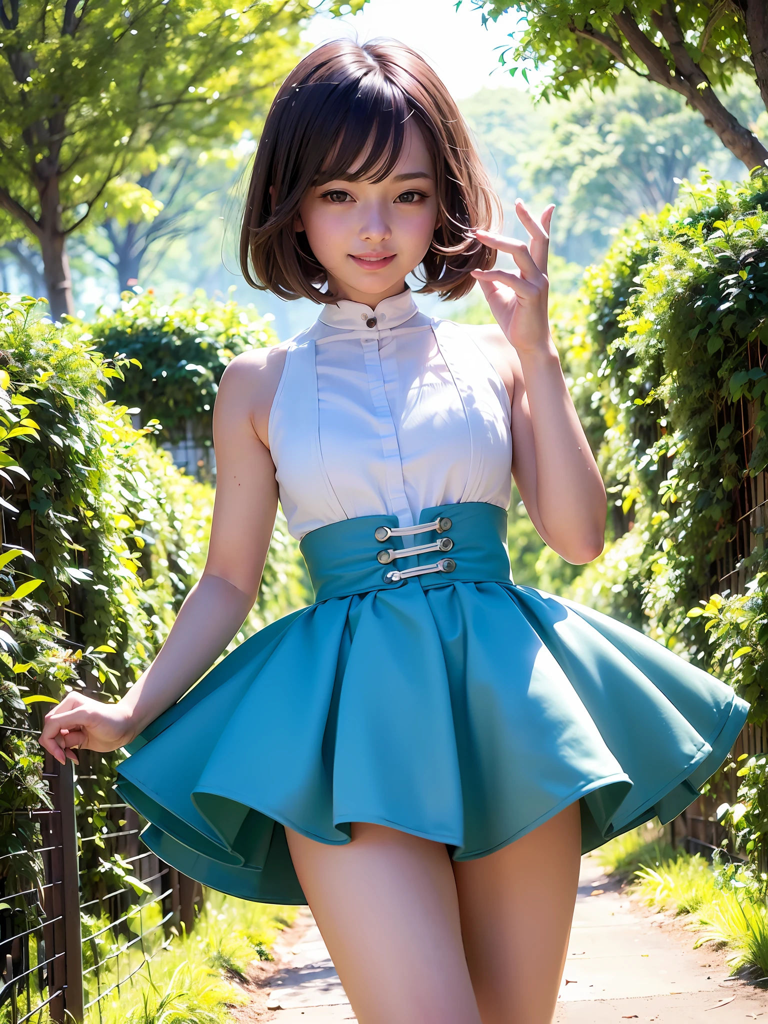 (dynamicposes:1.4), (dynamic ungle:1.4), Romper (细致背景:1.4)、hyper detailed background、(Floating light blue clouds:1.4)、(Floating blue flowers:1.4)、 Romper (perfect anatomia、perfect hand:1.4)、(Perfect five fingers:1.4)、(Perfect 4 long fingers and perfect short thumb:1.4)、(Thumb shorter than the other 4 fingers:1.4)、(Perfect two arms:1.4)、(Perfect two legs:1.4)、((top-quality、8K、​masterpiece:1.3))、1girl in、A smile、full body Esbian、Slim Faces、Pretty women、(dark brown  hair)、hyperdetailed face、A detailed eye、二重まぶた、blured background、Slim Faces、Cute、extremely delicate and beautiful girl、Happy smiling face、Overall、ultra-detailliert、4K、masutepiece、small mouth、Colossal tits、bura、Underpants、a short skirt,high waist skirt,high-necked,Sleeveless,bob cuts,long boots,ultra-detailliert, 4K, masutepiece,Smile,small mouth,white  shirt、Skirts that show the body line、low angles