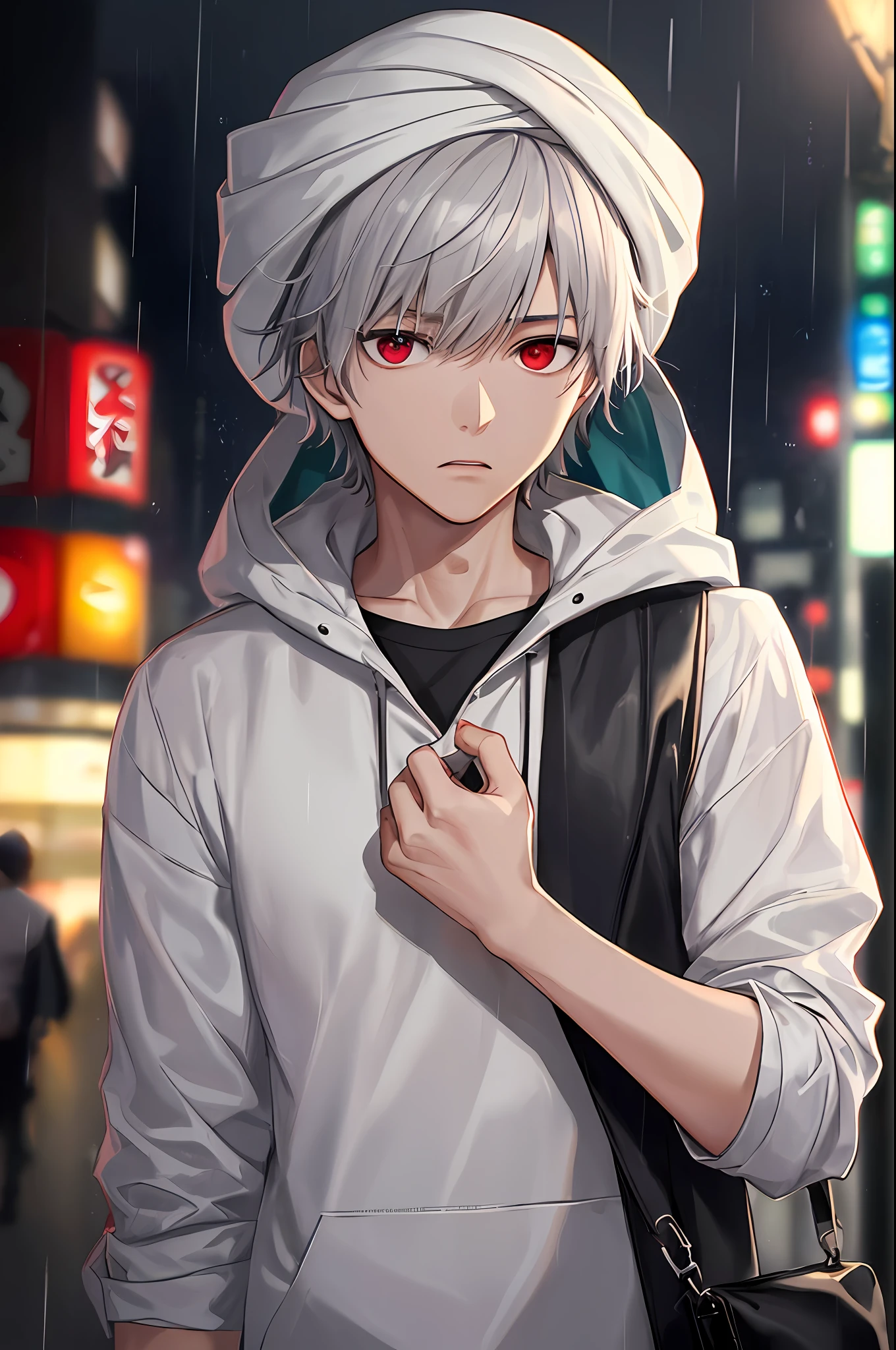 kk, best quality, more details, mastery, 1boy, kaneki ken, portrait, male focus, red eyes, solo, bangs, looking at viewer, hood, short hair, rain, tokyo tokyo \(city\), turban, nail polish , gray hair, luxury, 8k, detail, ray tracing, depth of field, movie lighting,