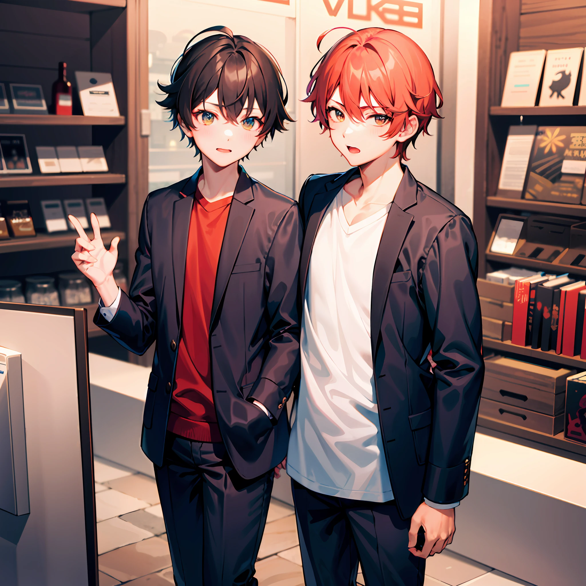 1boys, 年轻,Handsome,Be red in the face,is shy,Wear a black jacket,Medium shot,(独奏), Inside the shop,Cowboy shooting,brunette color hair