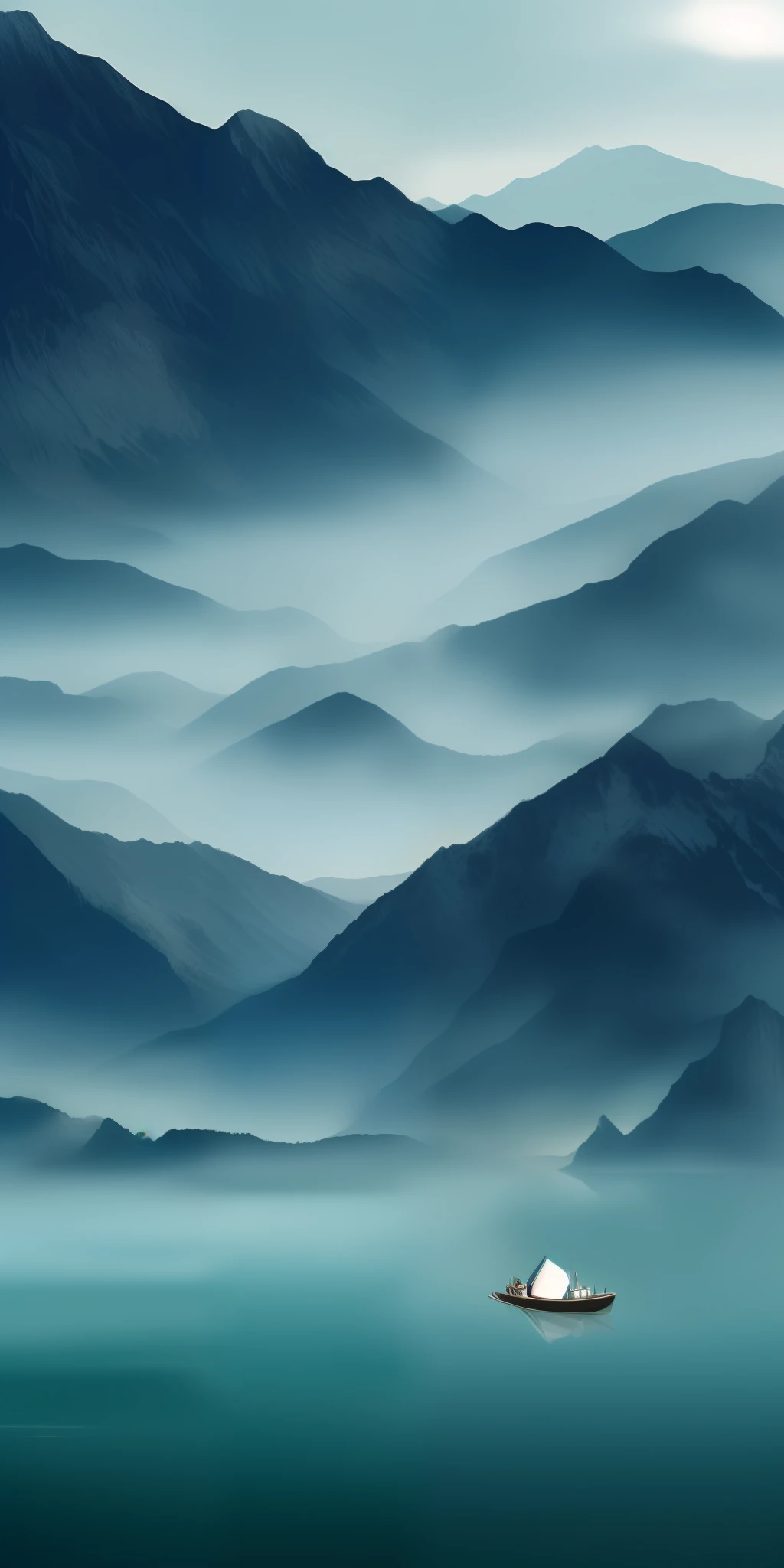 There is a picture of a mountain range with a body of water, detailed landscape - width 672, mountains in the background, sky, fog, mountains in the background, mountain background, mountain background, mountain background, landscape background, lake water, boats, fishermen