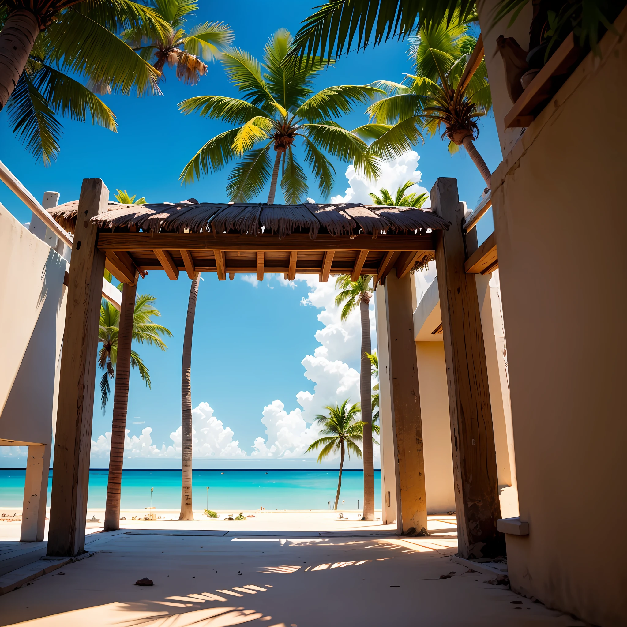 best quality, masterpiece, beautiful wild and natural lights, Cancun Mexico, palmeras, playa, sol, arena, aves exoticas, --auto