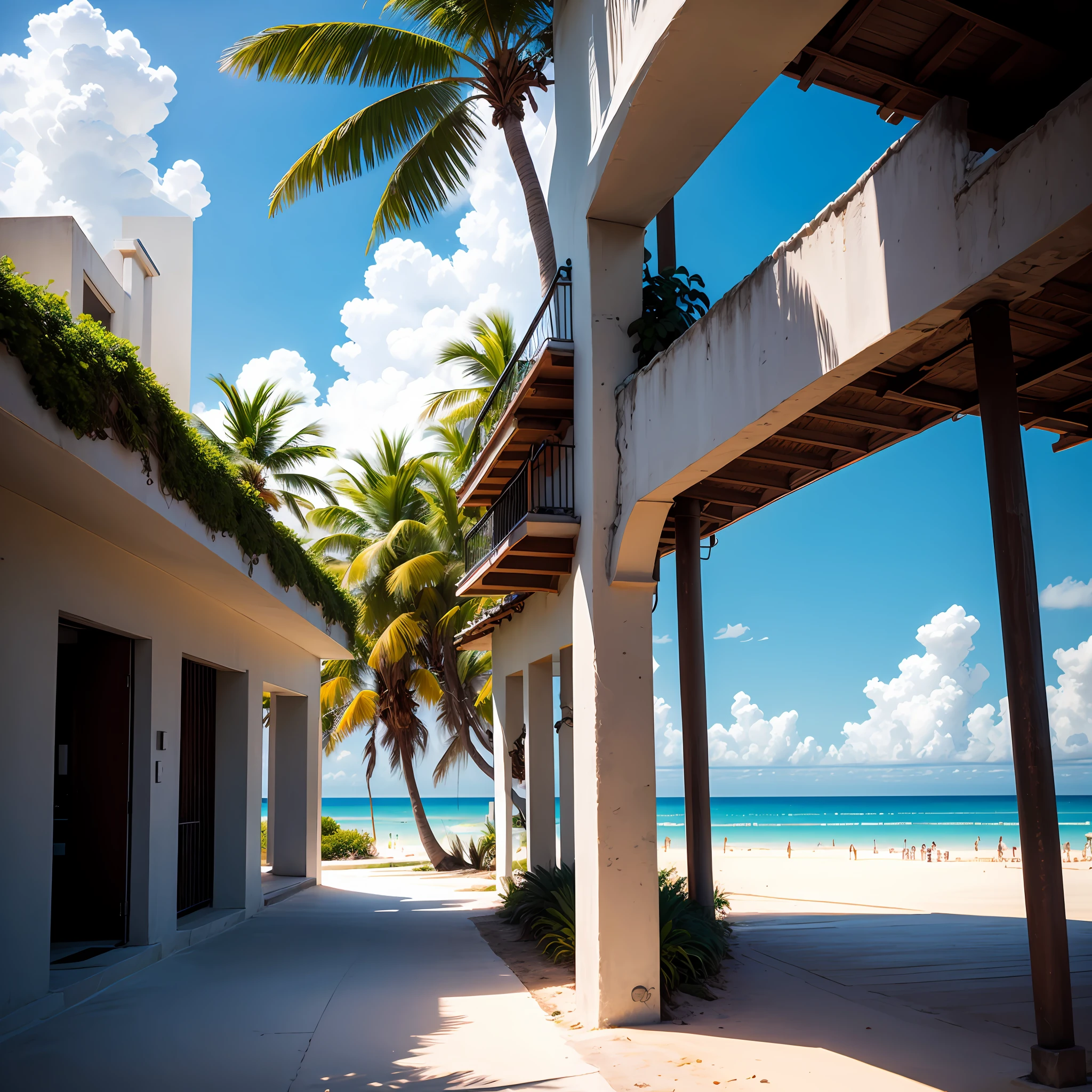 best quality, masterpiece, beautiful wild and natural lights, Cancun Mexico, palmeras, playa, sol, arena, aves exoticas, --auto