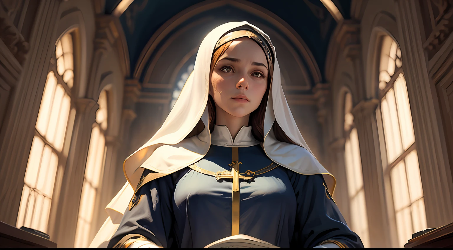 por greg rutkowski, Virgin Mary of Graces with, manto azul, According to the Bible, holy spirit, ao fundo jesus cristo na cruz --auto