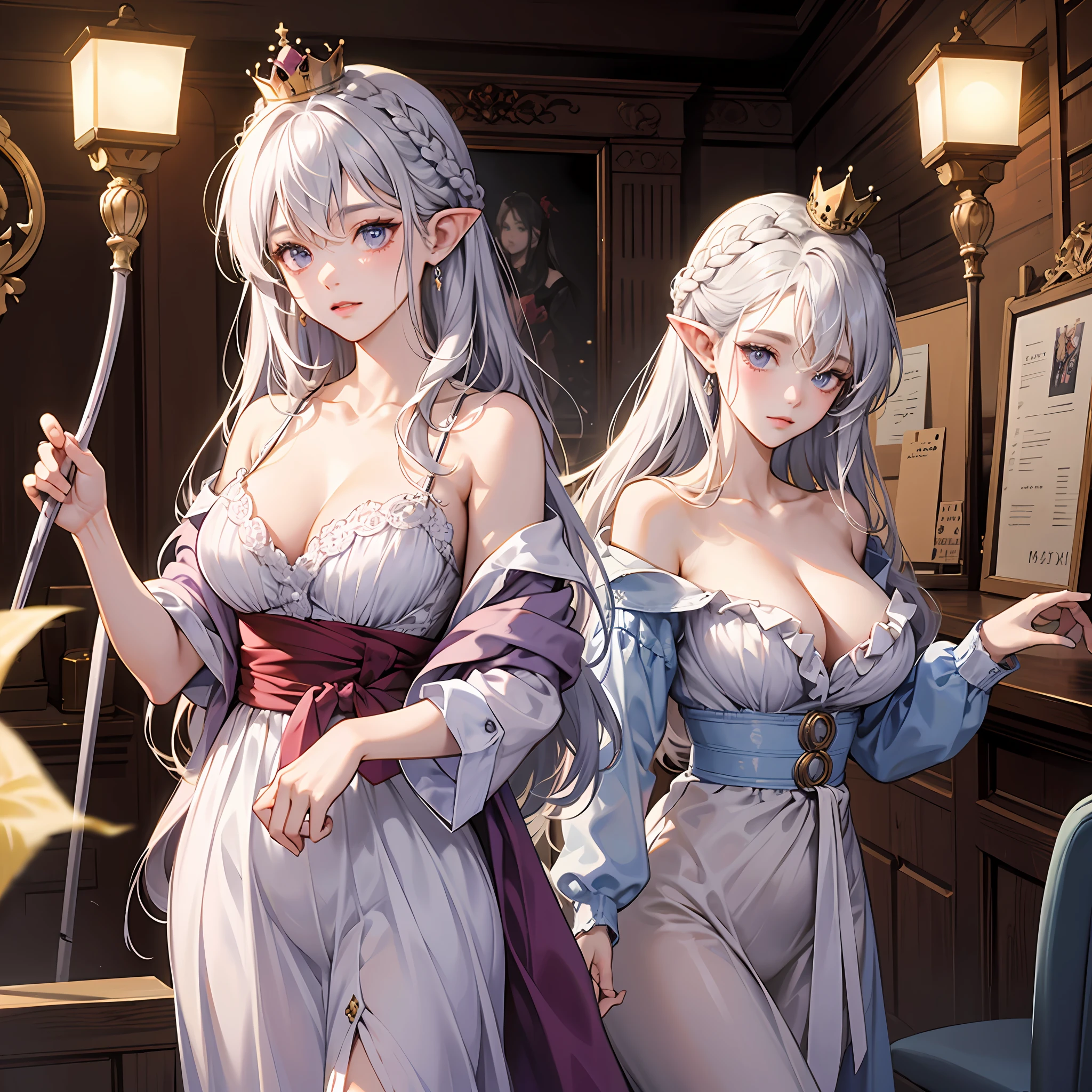Best quality at best,highly detailed,tmasterpiece,ultra - detailed,(Fidelity:1.2),1个Giant Breast Girl,(white backgrounid),Gorgeous room,Elaborate Eyes,Silvery hair,a purple eye,Hair_decorations,(white offshoulder shirt:1.3),Exposed flesh,long whitr hair,pointy ears,crown braid,expressiveless,hair straight,damaged clothes(++Stand up:1.2) --auto