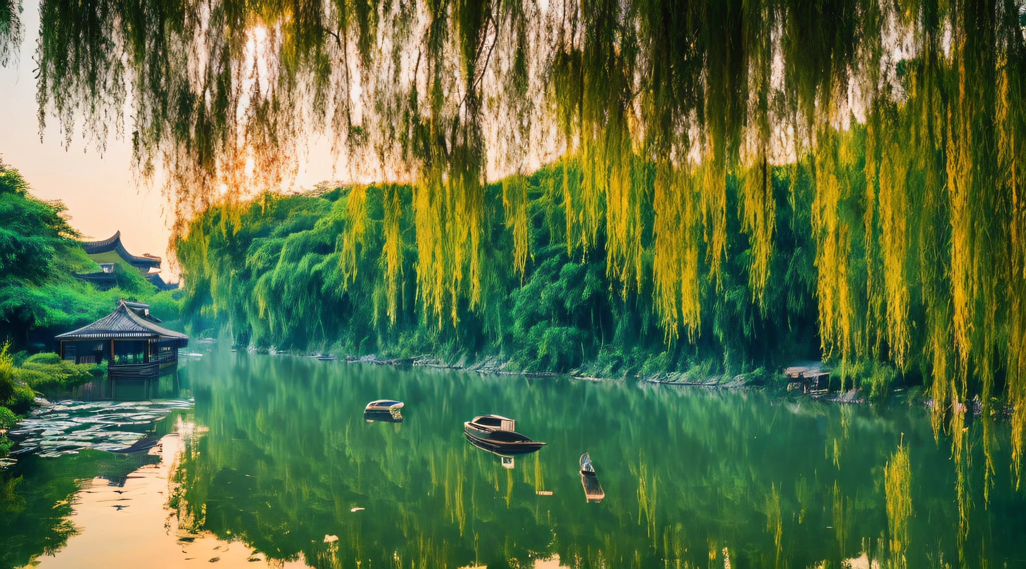 At dusk, green trees, willows flying, surrounded by blue water, small bridges and flowing water, antique color, floral fragrance, warm as jade, birds singing and flowers, water town paintings, leisurely, real photography, 16K resolution