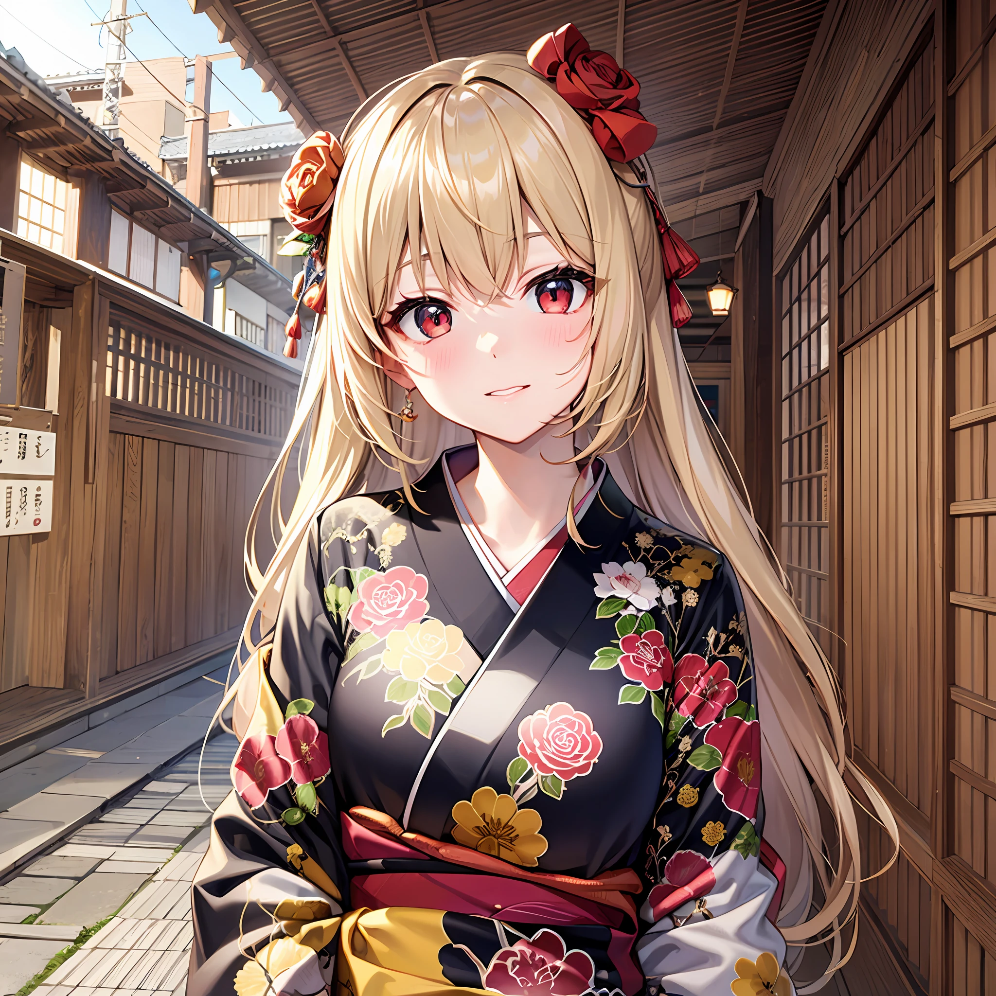 One blonde girl、red eyes、Kimono、suns、kyoto