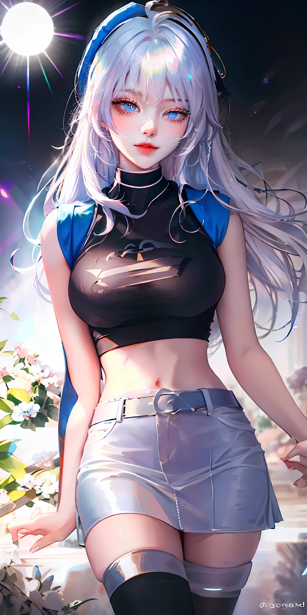 tmasterpiece， Best quality at best， A high resolution， ssee-through， 1girl， （tack sharp focus）， looking to the front， eBlue eyes， Higher breasts， ahoge， hair adornments， Double up braid， tiese， The halo， By bangs， hair between eye， eBlue eyes， The shirt， a skirt， ssmile， White police uniform， with her mouth open， Hats， blue-shirt， （White jacket：1.1）， belt pouches， silber hair， black lence stockings， saluting， hand on own hip， white backgrounid， Close one eye