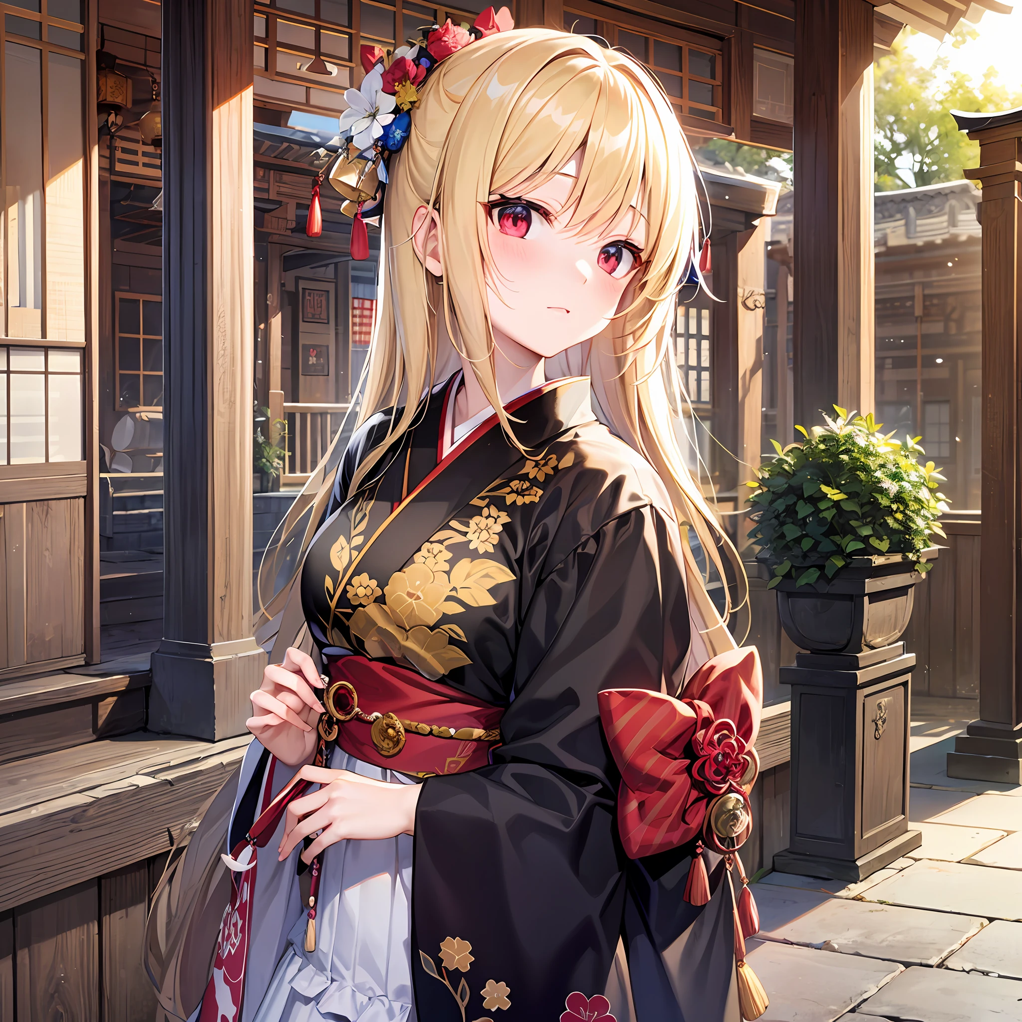 One blonde girl、red eyes、Kimono、suns、five-storied pagoda