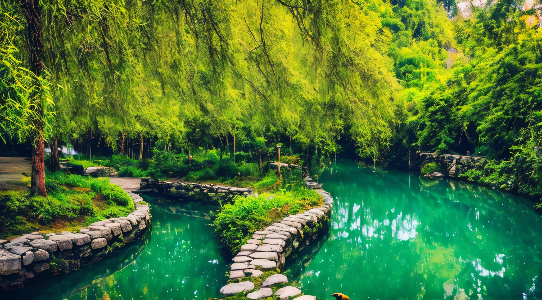 At dusk, green trees, willows flying, surrounded by blue water, small bridges and flowing water, antique color, floral fragrance, warm as jade, birds singing and flowers, water town paintings, leisurely, real photography, 16K resolution