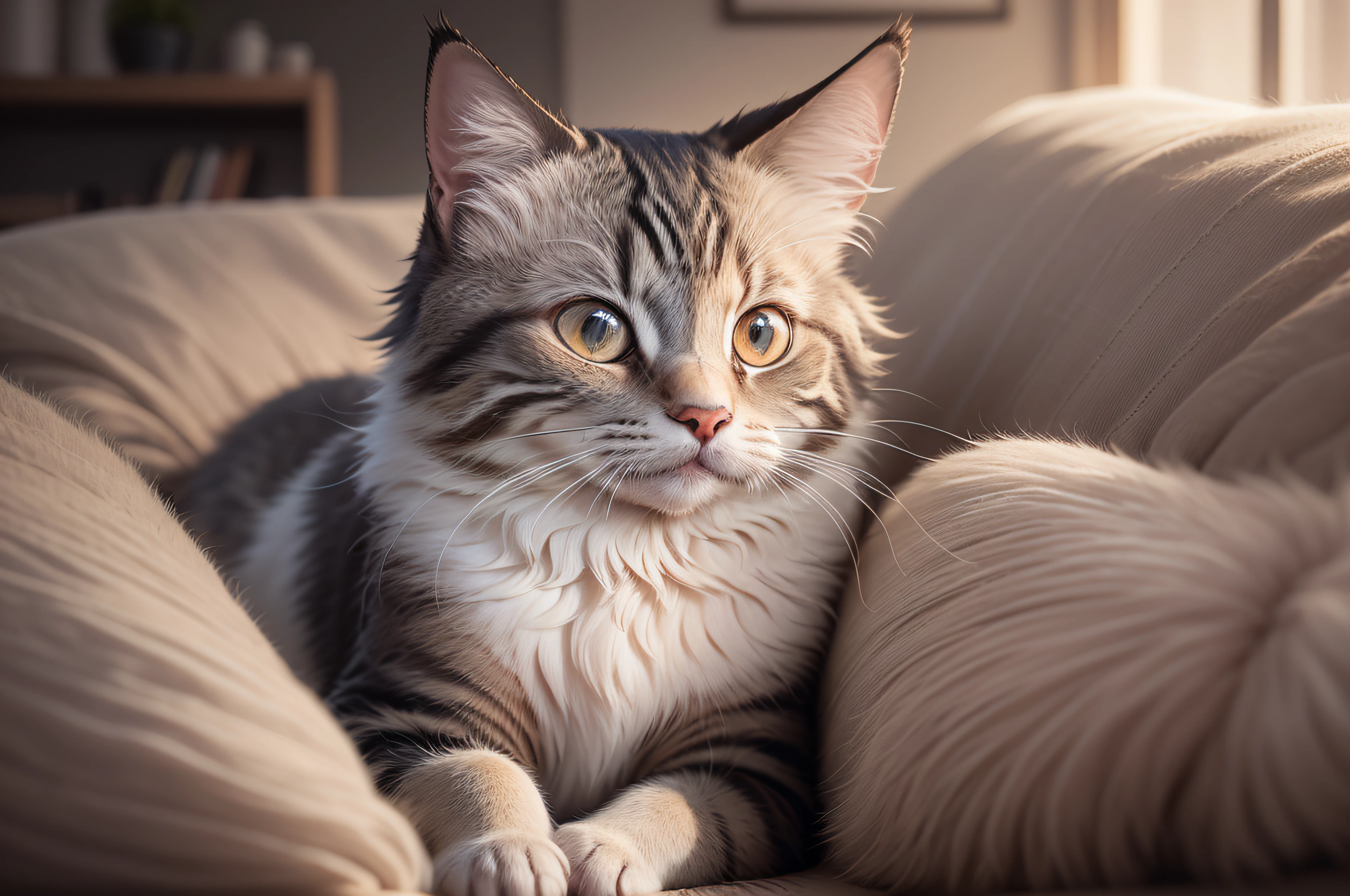 {{A soft and {fluffy} depiction of {a cat}}} with {its {fur} gently swaying in the breeze}. This is a {whimsical}-inspired image that showcases {the {playful} nature of {cats}}. The environment/background should be {a {cozy} indoor setting} to create a {warm and inviting} atmosphere. The image should be in the style of a {photograph}, incorporating elements of {nature-inspired textures and colors}. The {close-up} shot, captured with a {macro} lens, will provide a {detailed view} of the {cat's fur and features}. The lighting should be {soft and diffused}, emphasizing the {subtle shadows and highlights}. The desired level of detail is {high}, with a {high-resolution} resolution, highlighting {the {texture} and {softness} of the {cat's fur}}. The goal is to create a {captivating} image that evokes a sense of {comfort} and {serenity}.