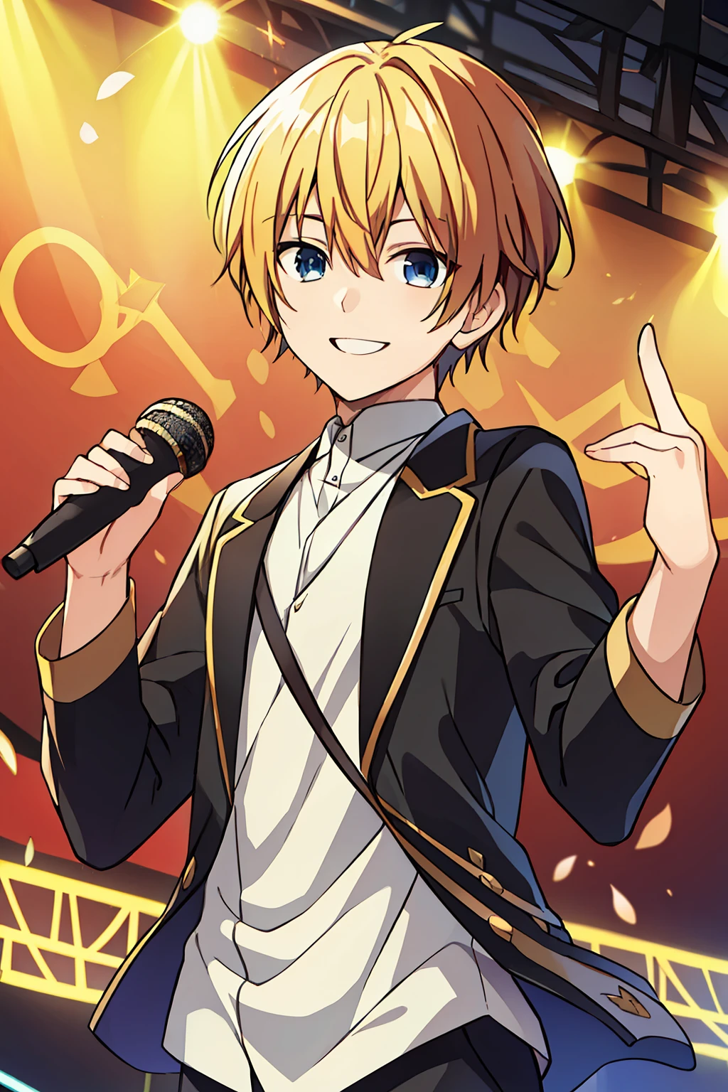 (high-quality, breathtaking),(expressive eyes, perfect face), 1boy, male, solo, short, young boy, blonde hair, black eyes, smile, black idol outfit, on stage