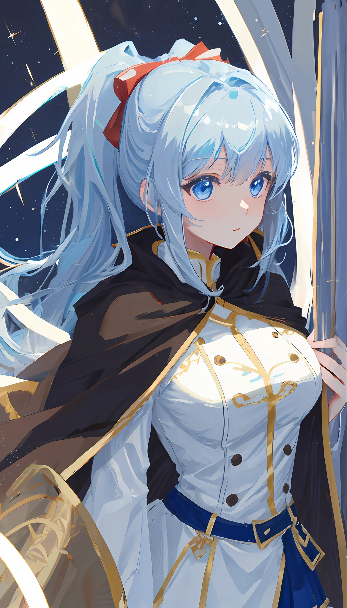 anime big breast,dark-blue hair,pony tails,Dull hair,Brown cape,White color blouse,Kizi,long whitr hair,Light blue eyes,flatchest,short man,White skin。
