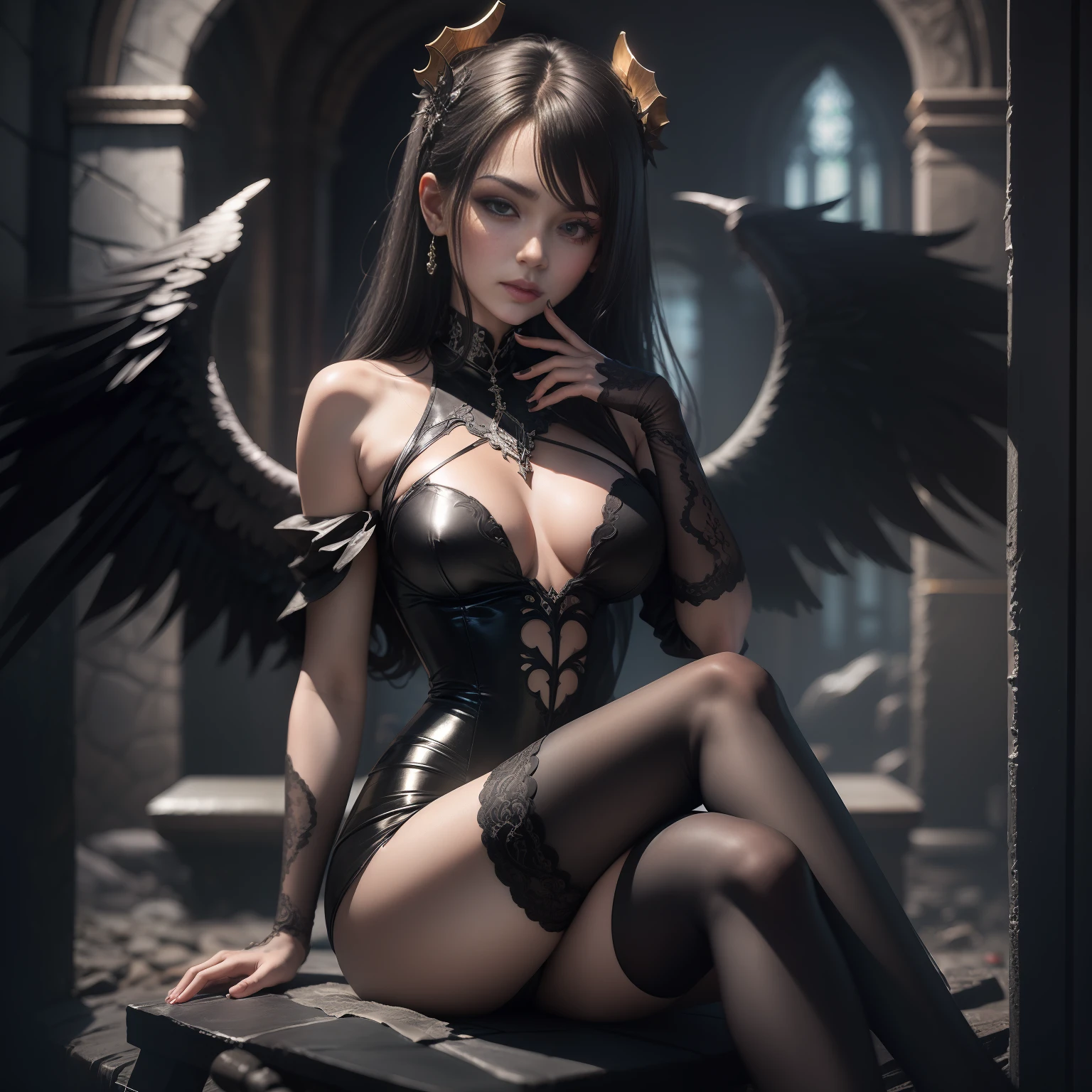 A fallen Angel girl, in a sexy black suit, at a castle in hell sitting on a throne, perfect face, perfect body, perfect wings, detailed and intrincicated, HD
