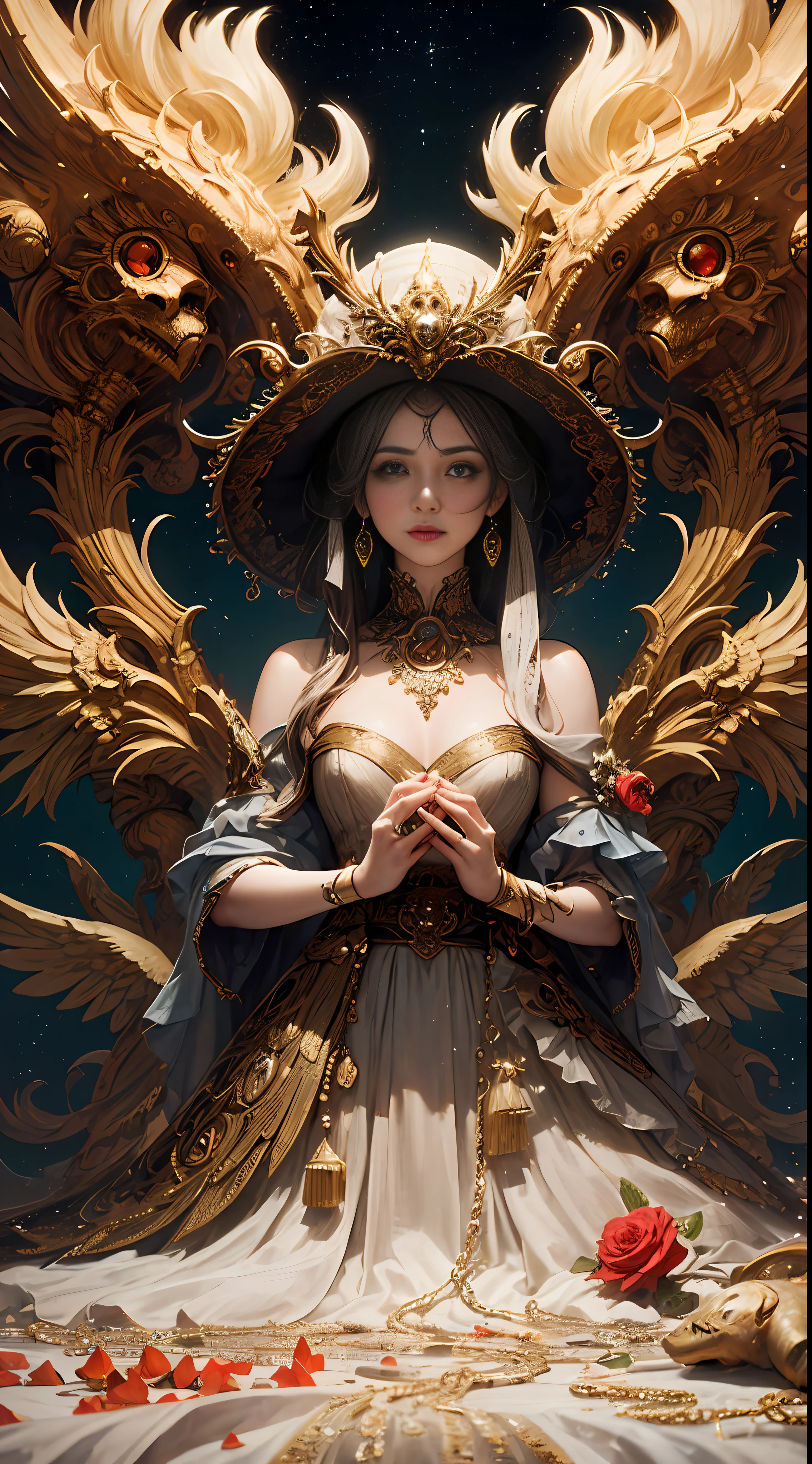 (Arte conceptual) (Motor irreal) (Extremadamente fino detallado, Completamente bien detallado, Antecedentes muy cuidadosamente detallados, Completo y fino detallado general)
Una dama hermosa e inmensamente cautivadora, encaje con cristales, symmetrical filigree, lush roses and orchids, Cristales, piedras, fractal features, Arte abstracto altamente complejo, brillante, deslumbrante, sabroso, Glamuroso, coqueta, tierno, provocativo, de Aaron McGruder.  (((Pintura salpicada de colores, oils, intrincadas manchas de pintura de colores))), 3D de alto octanaje intrincado, Symmetrical, bioluminescent fractal features,
3/4 Longitud Retrato, 12K Resolution, La mejor calidad HD, Lente de 200 mm, Lente ultra gran angular, Arte digital, Cubierta de papel tapiz, Retrato de glamour, Kinematic, Motor Moonlight, Autodesk Maya, Scanline VFX, Sony Pictures Animation, Rayos V, Profundamente real, Obviamente real, Profundidad de campo, photography by alberto seveso