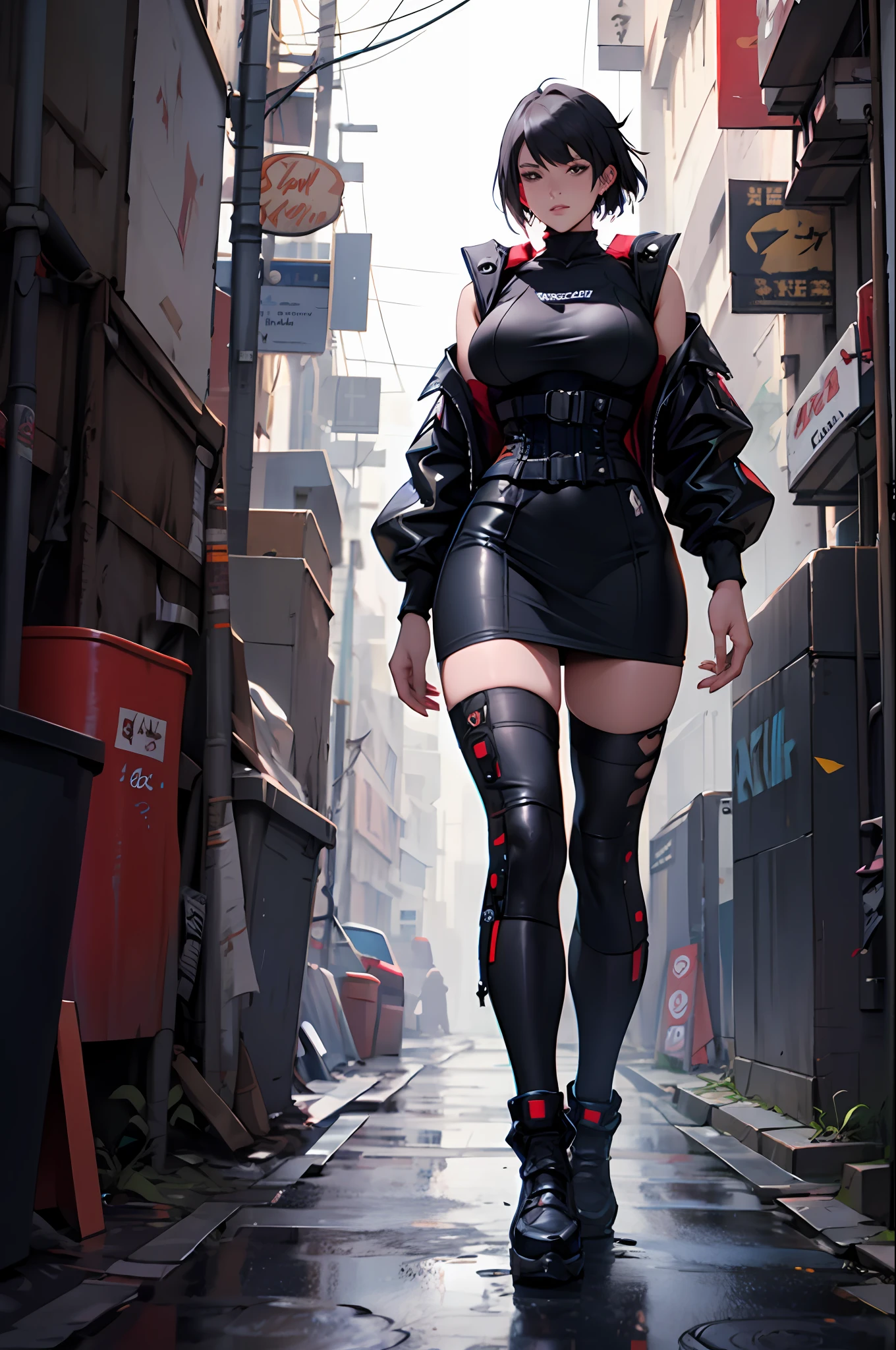 there is a woman with massive breasts in a corset and a black and white outfit, wearing techwear and armor, cyberpunk outfit, wearing japanese techwear, intriguing outfit, all black cyberpunk clothes, cyberpunk style outfit, female cyberpunk anime girl, cyberpunk streetwear, cyberpunk dress, anime girl cosplay, photograph of a techwear woman, cyberpunk anime girl, wearing cyberpunk streetwear, maid outfit --auto