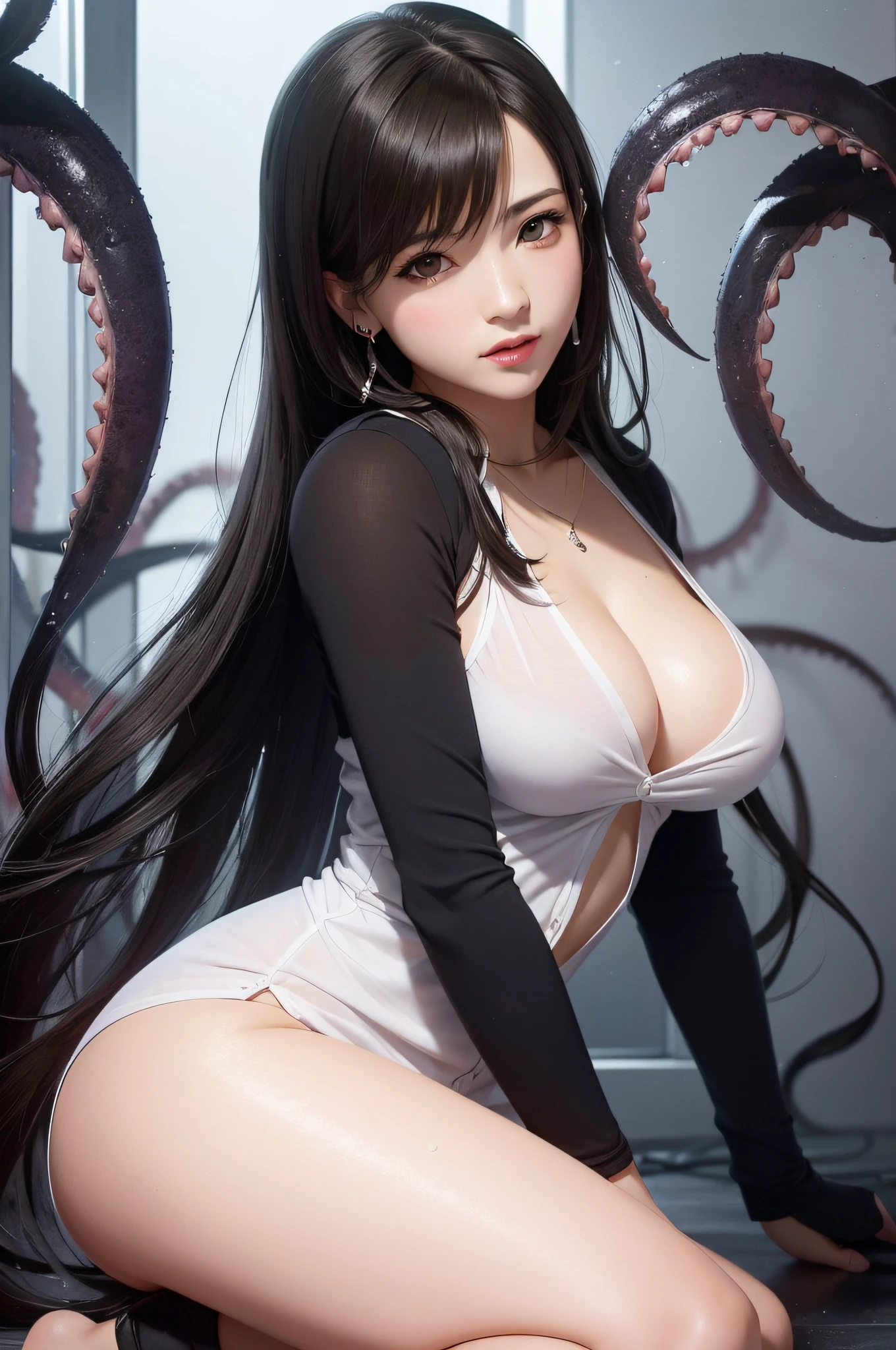 nsfw,(Top Quality, 4k, Masterpiece: 1.1), (Real: 1.4), BREAK (((FF7)))(((Tifa))),((5 monsters:1.5))(1Girl:1.2),Viginal,, with 5 monsters,(((BDSM:1.2))),(on all fours:1.2)(from side:1.3),(A dark, barely lit torture chamber:1.3), BREAK (((FF7)))(((Tifa))),((Light Brown Hair, Large breasts: 1.2)), BREAK (((FF7)))(((Tifa))),((Surrounded by tentacles:1.5, humiliated by black tentacles:1.4)), (Tied With tentacles All Over Her Body :1.4), BREAK (girl wearing white button-down shirt,long sleeve), (No Bra) (No Panties) (Small and beautiful hard nipple), clothed,(shiny oiled skin: 1.4), wet hair, about 18 years old,sensual, BREAK ((stringy viscous liquid)), ((love juice:1.2)), BREAK (5 , with 5 monsters),(Include tentacles in mouth:1.1,Tentacles entering the Vaginal:1.1),Hairjob:1.2,handjob:1.2,be violated,bottomless:1.2