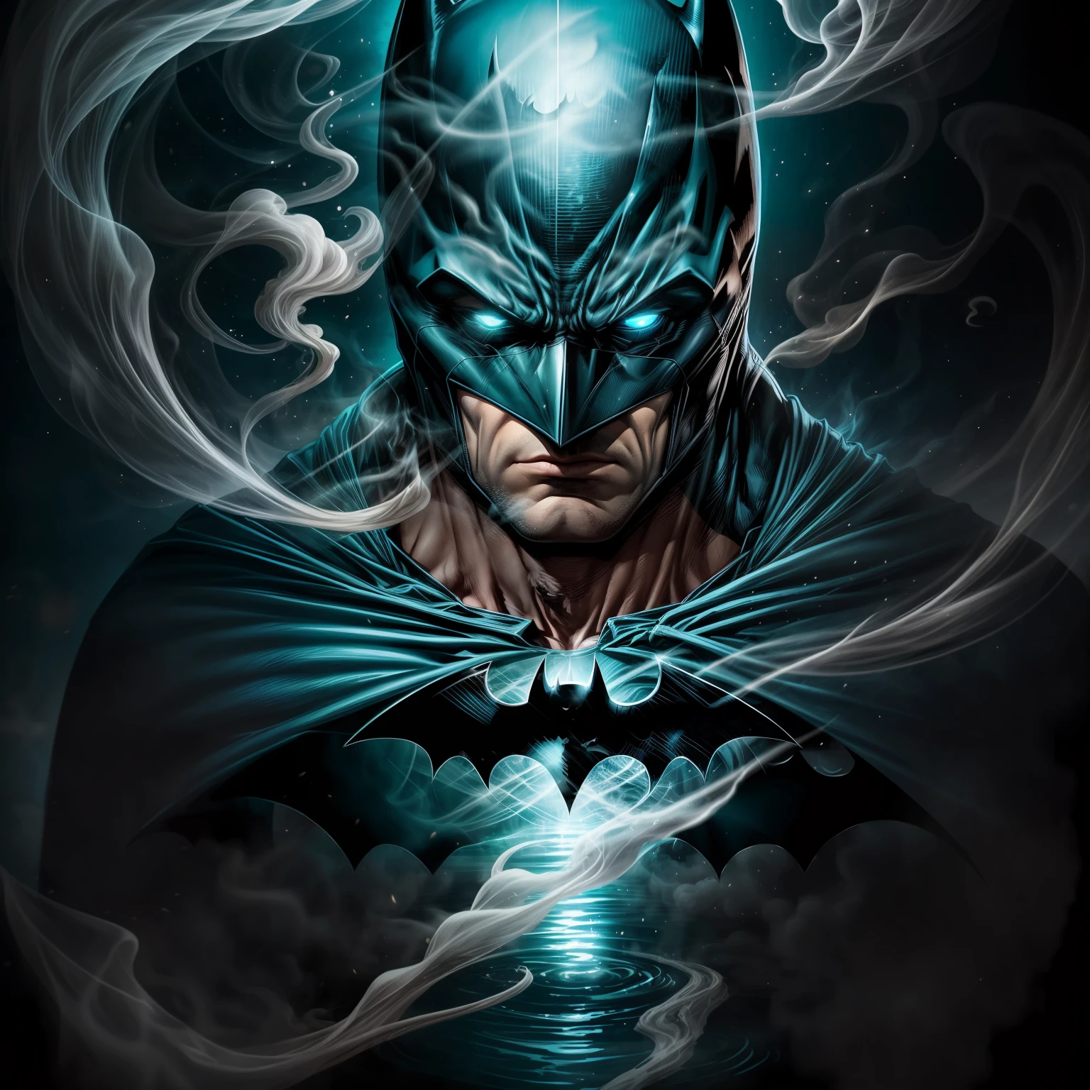 close up, Batman from DC Comics, Ghost, Dark, gotik, 3d, Ultra Detailed, blue transparent smoke around, realistic style, Old Night Pond, full - body,
