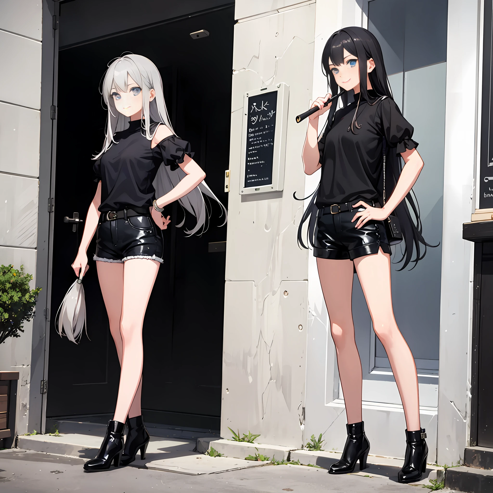 Beautiful teenage girl,Stand naturally,full body shot shot,Brush your hair with one hand,ssmile,grey long hair,Dark blue eyes,Short black top,Black puff sleeves,Black shorts,Black booties