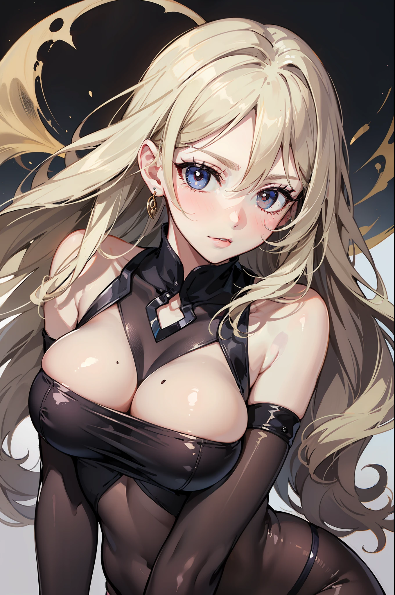 Pale beautiful young woman、Amused beautiful、slim and angular face、pointed chin、Feminine and big eyes、realisitic、ighly detailed、Large accentuated chest、Contrasty、Textured skin、 cold skin pores、face perfect、red blush、High small nose、Tear mole、Oblique 45 degrees、length hair、Light brown eyes、Sweet smell、Dynamism、Thrilling、Fluffy breasts、Luxury、Tank top with a small fabric area、hotpants、fishnet tights、Touching the chest